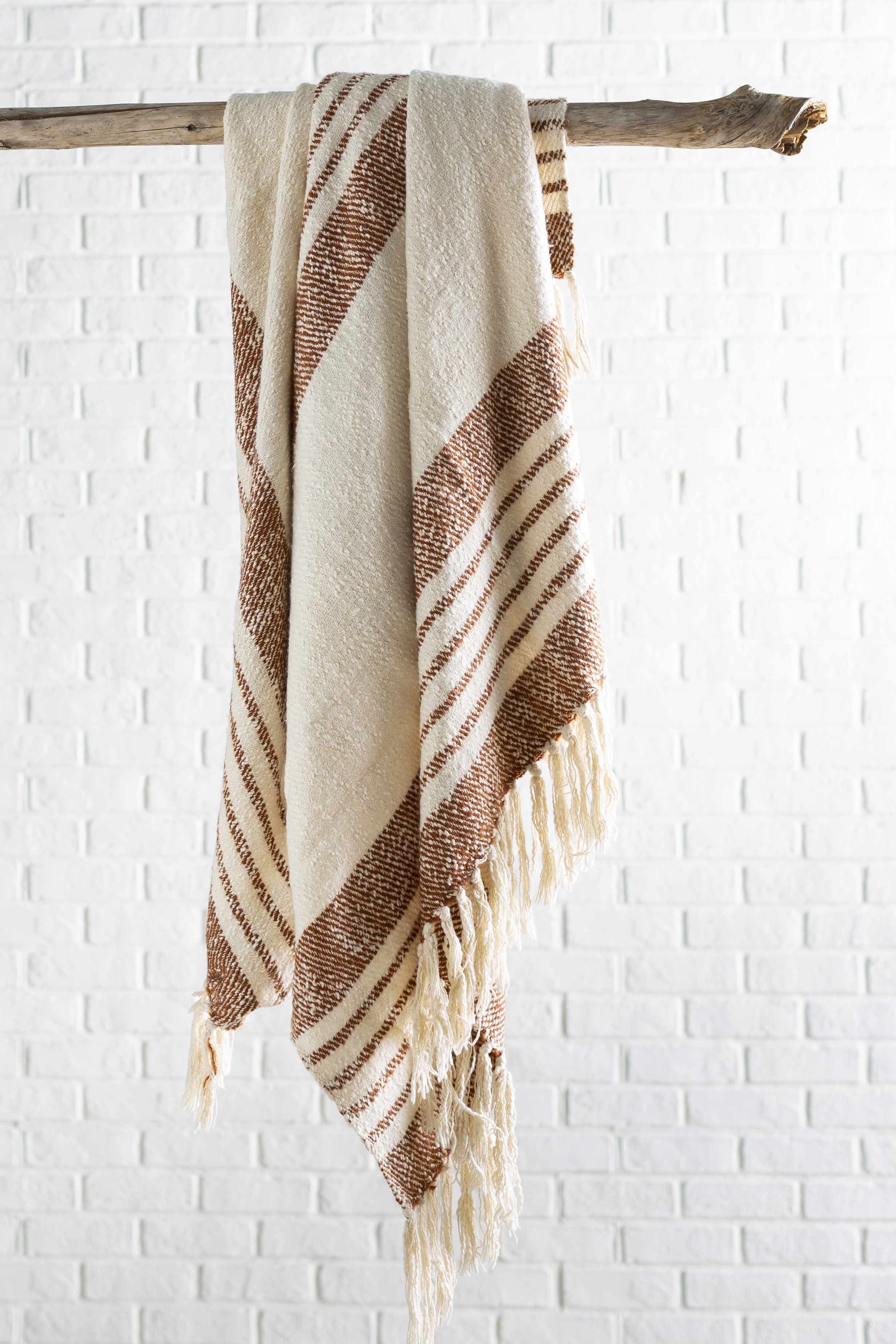 Cream and Brown Hand Woven Throw Blanket-0