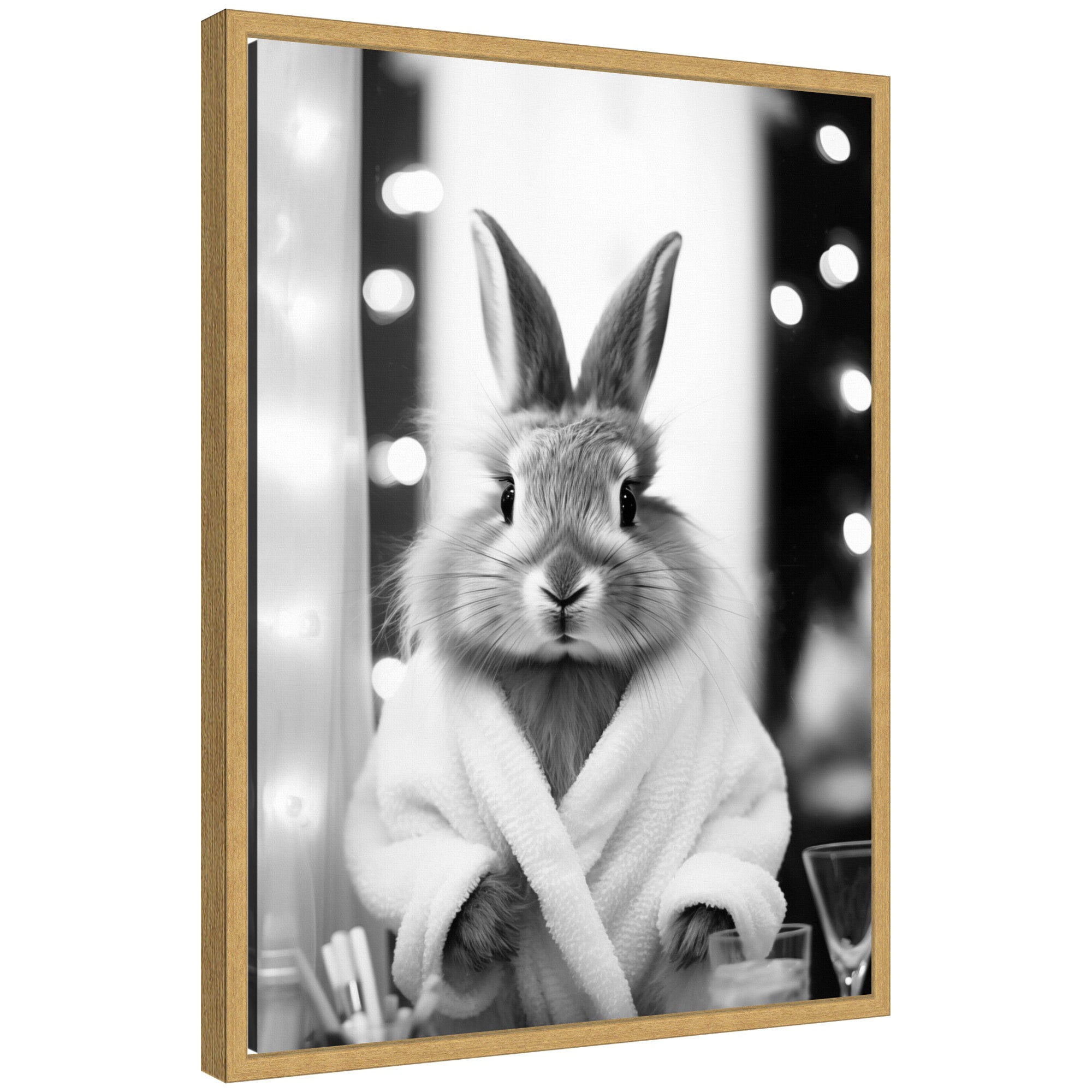 Sylvie Bunny Glam Bathroom Art Towel Robe Black and White Framed Canvas by The Creative Bunch Studio