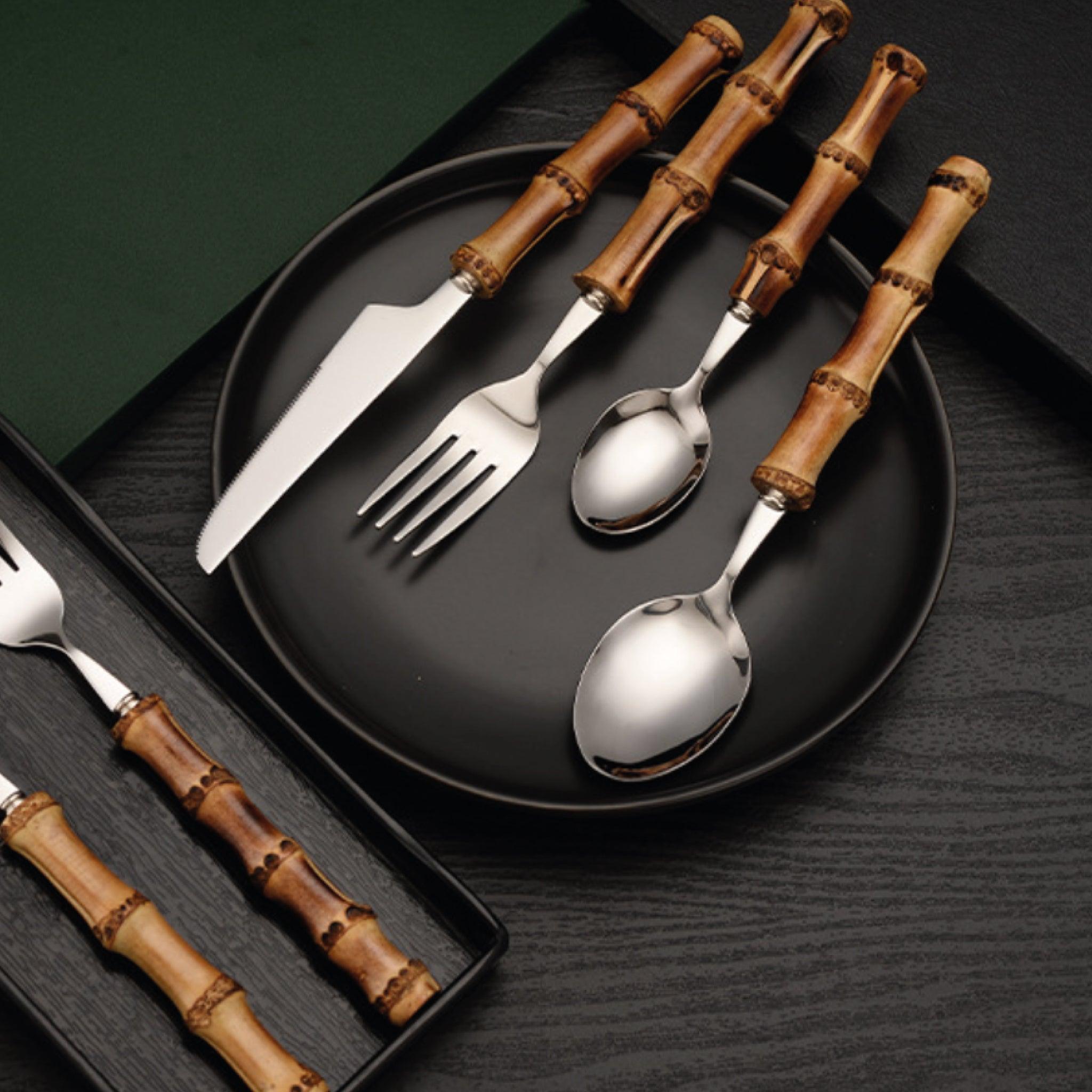 Bamboo Flatware Set – Stainless Steel with Bamboo Handles - PRHOMZ
