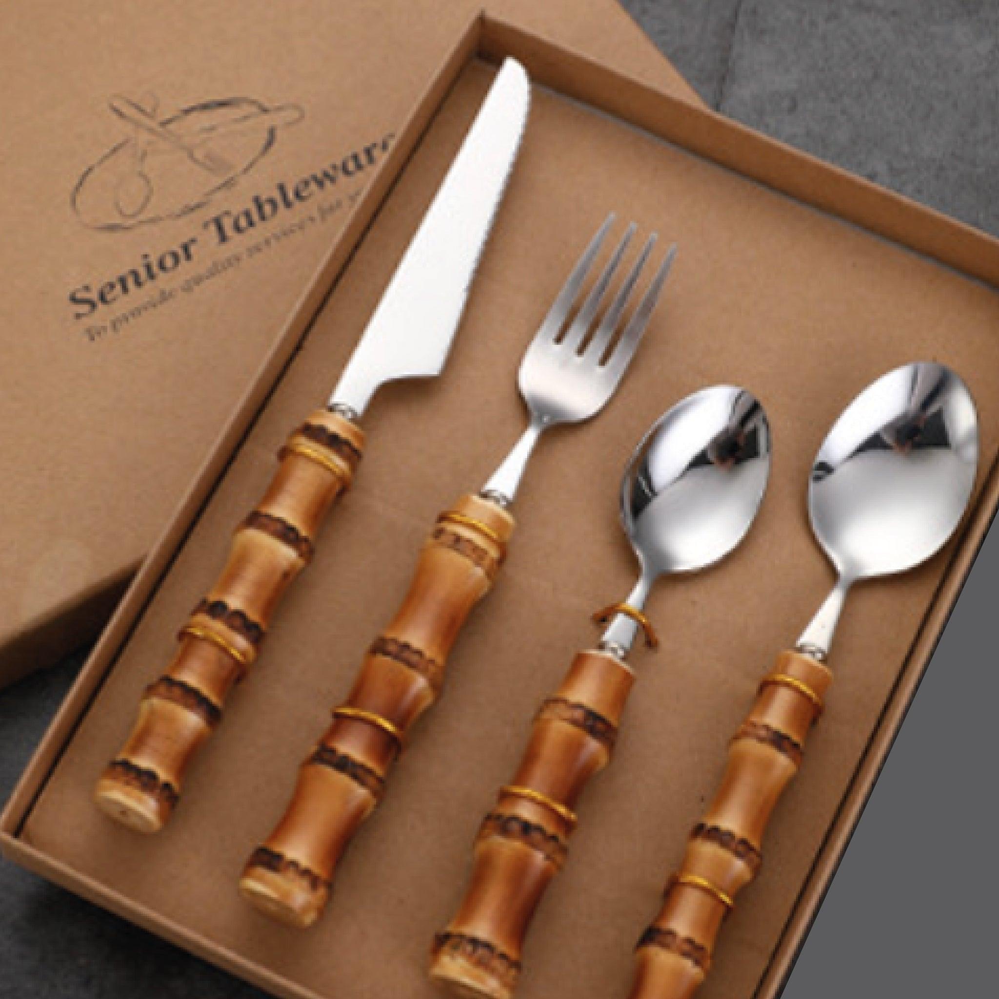 Bamboo Flatware Set – Stainless Steel with Bamboo Handles - PRHOMZ