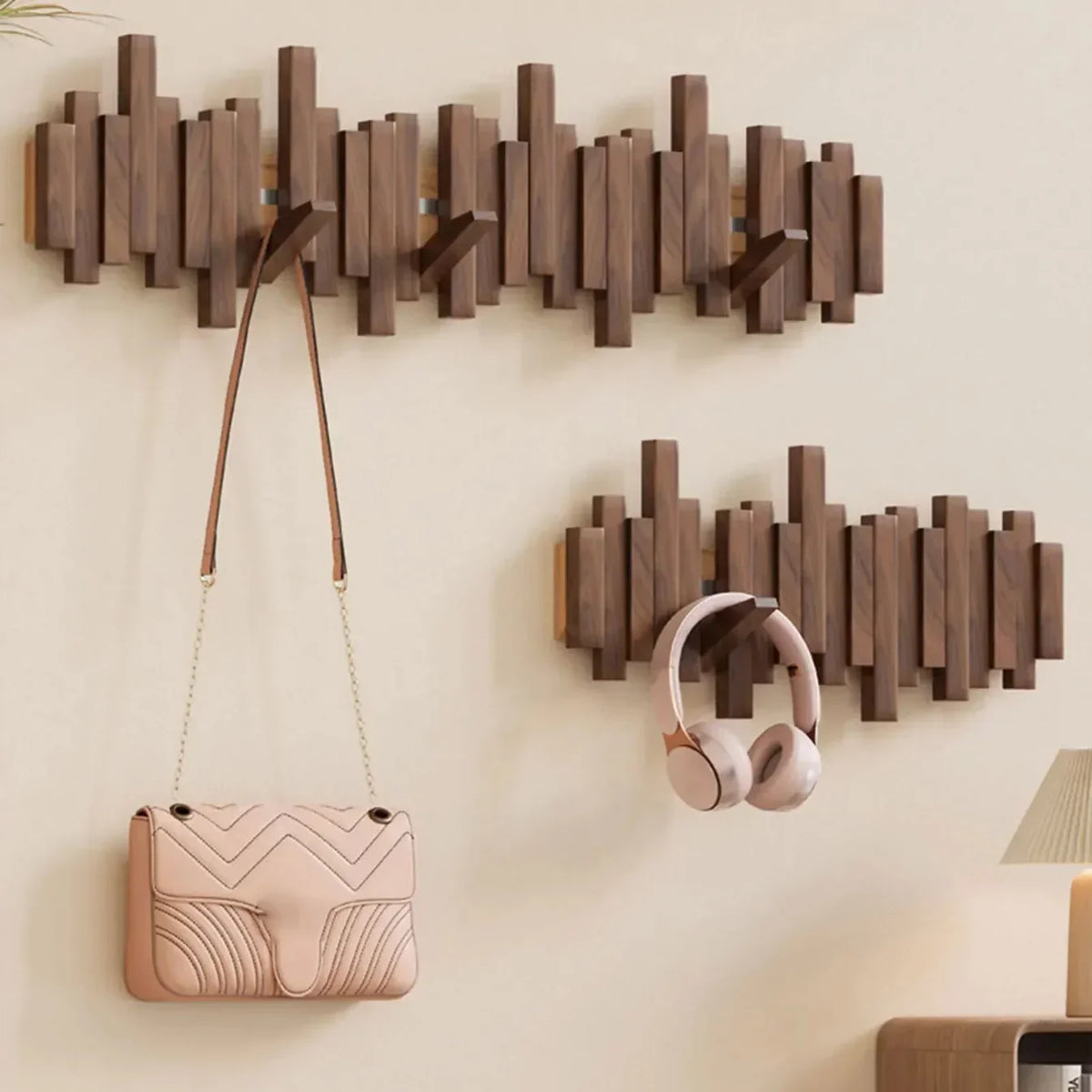 Hanvik | Solid Wood Wall Coat Rack with Foldable Hooks | Keyhole Mount for Entryway