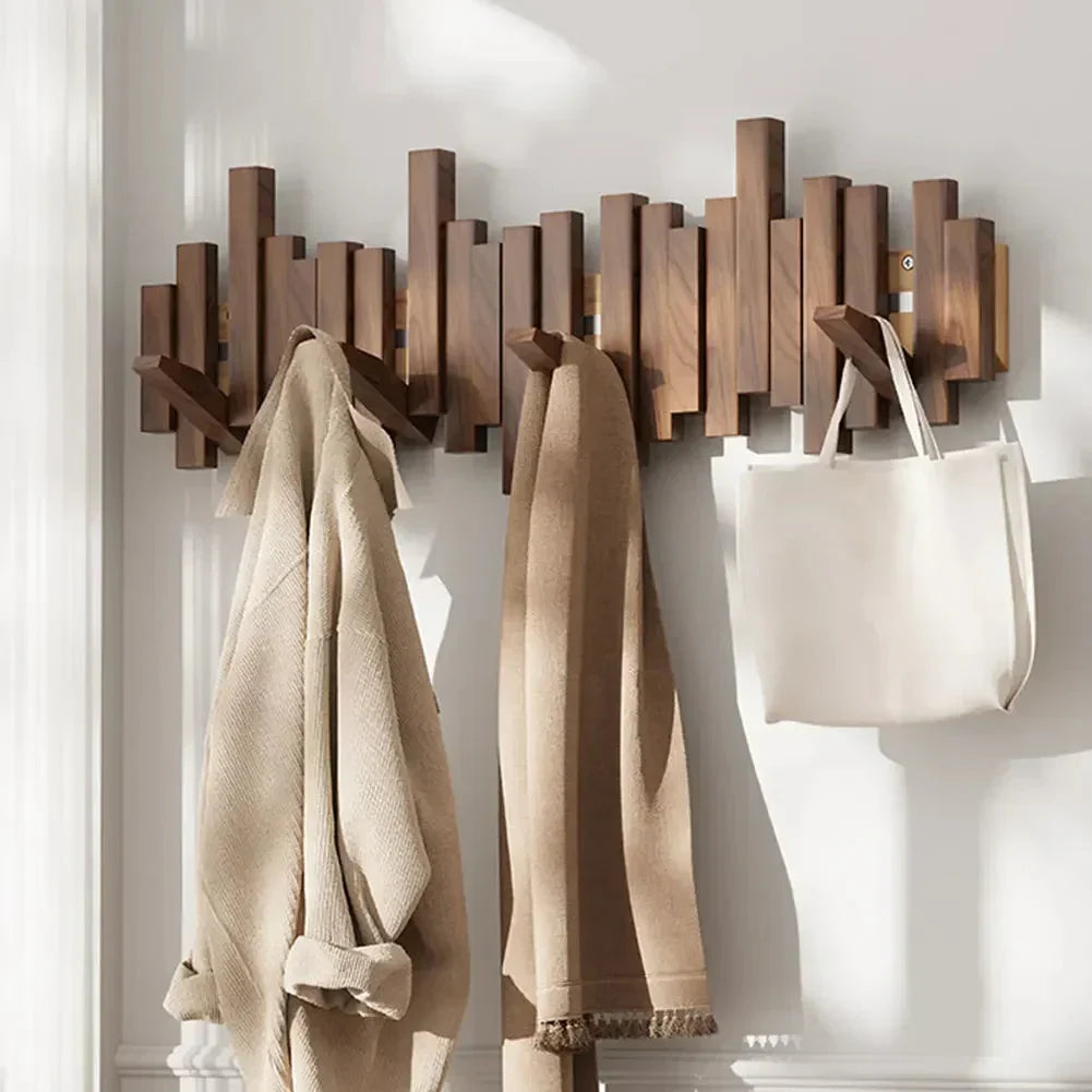 Hanvik | Solid Wood Wall Coat Rack with Foldable Hooks | Keyhole Mount for Entryway