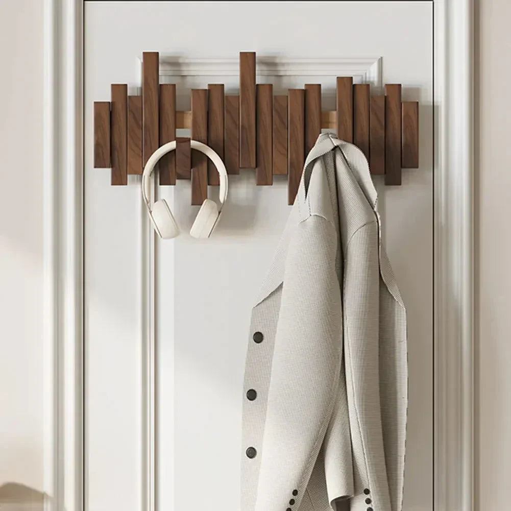 Hanvik | Solid Wood Wall Coat Rack with Foldable Hooks | Keyhole Mount for Entryway