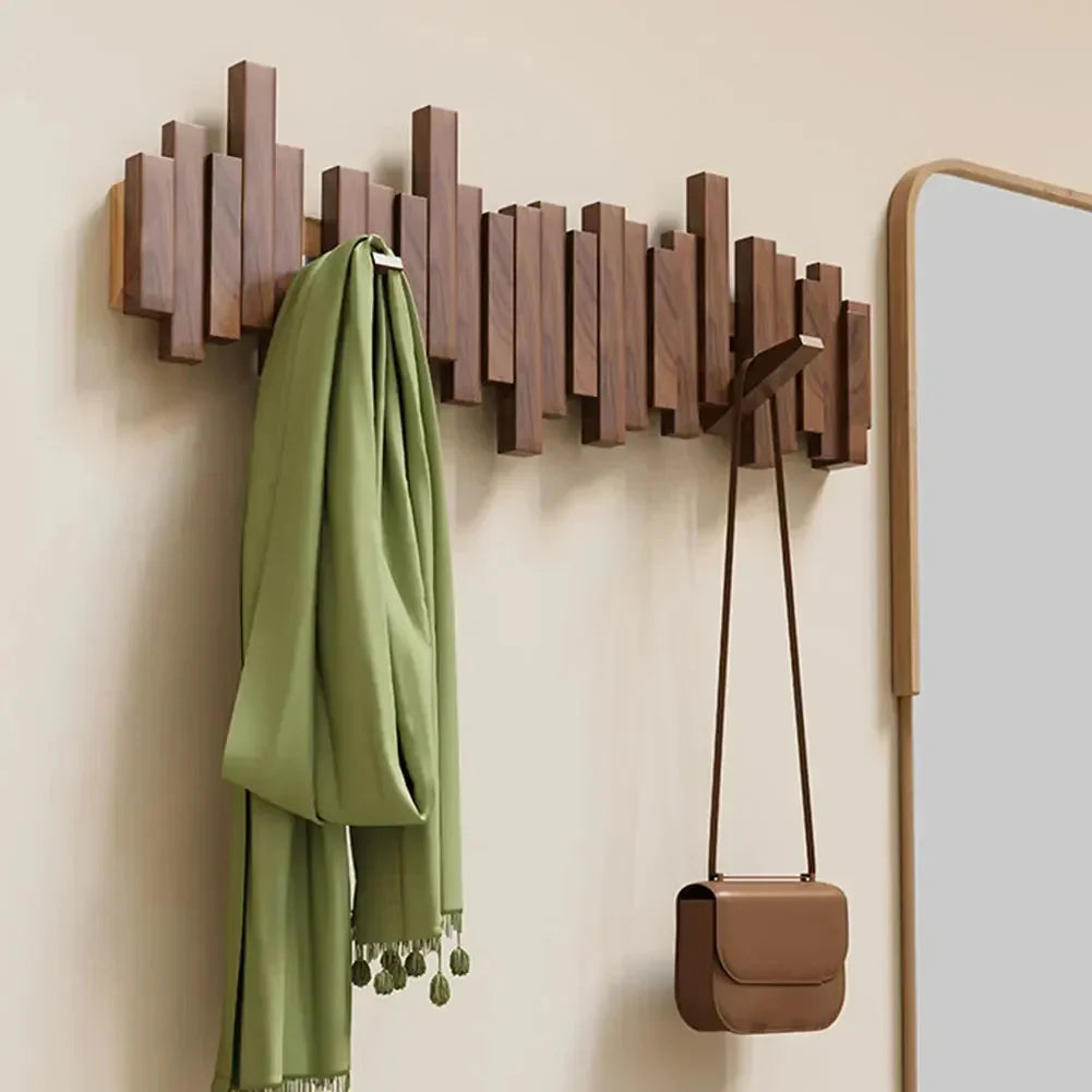 Hanvik | Solid Wood Wall Coat Rack with Foldable Hooks | Keyhole Mount for Entryway