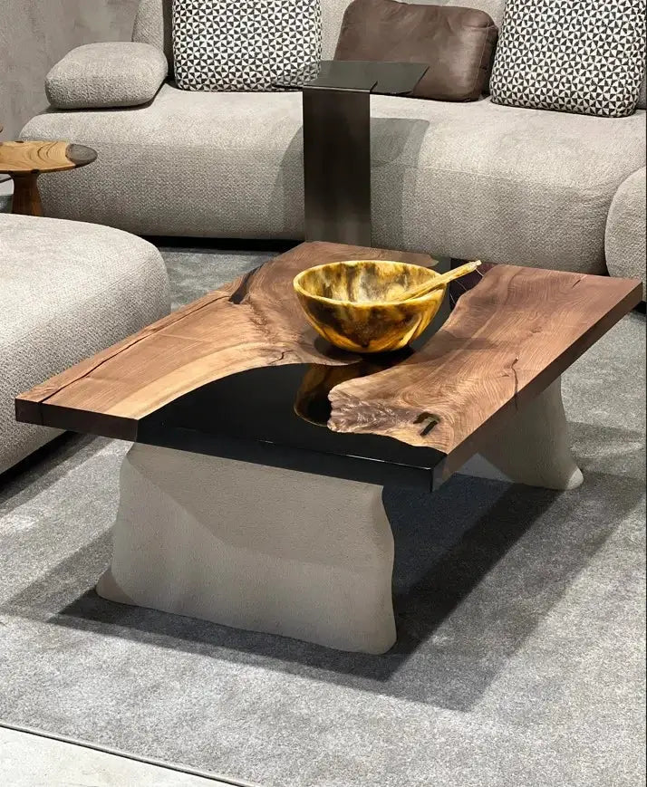 Epoxy-Resin Walnut Coffee Table With Stone Looking Legs