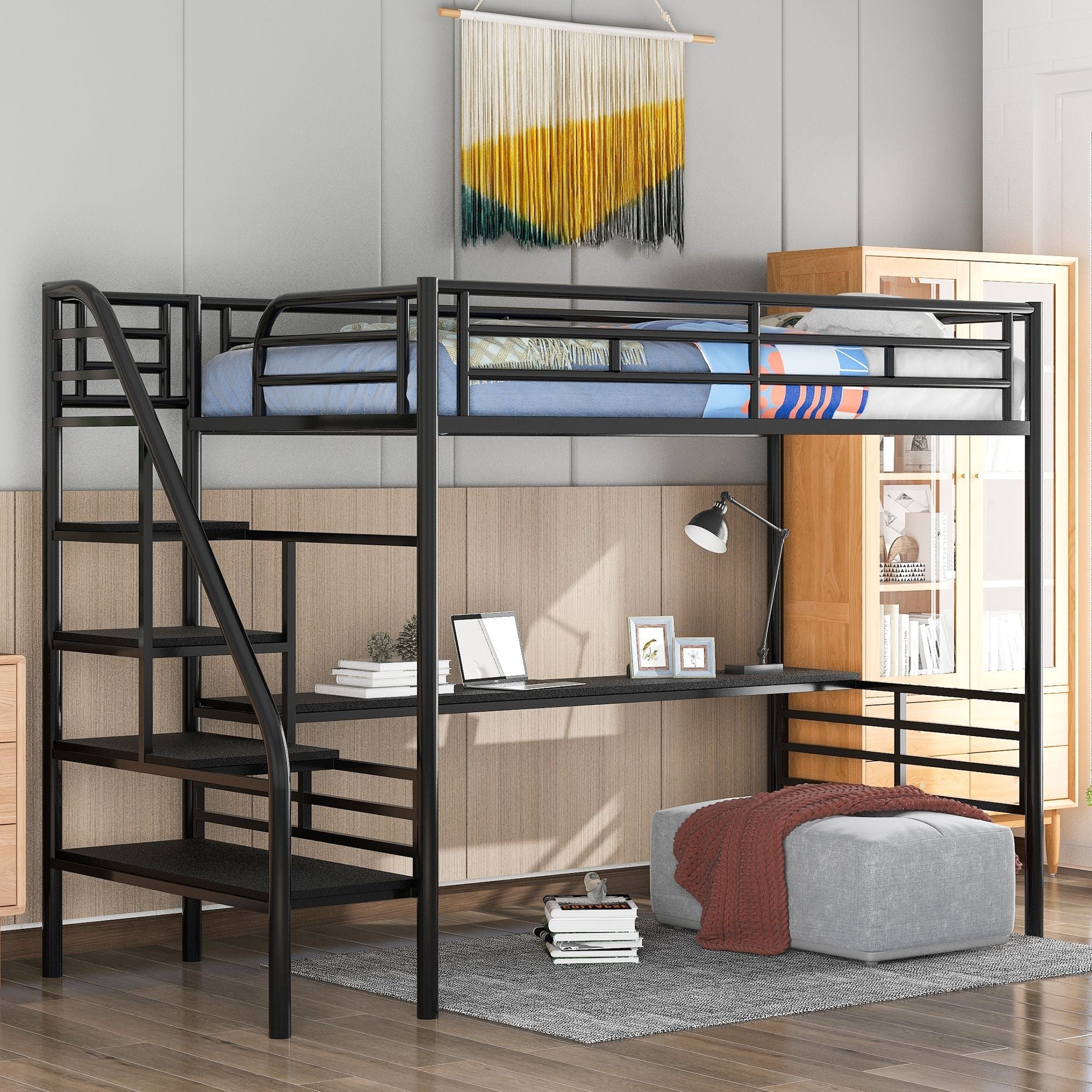 Compact Twin Metal Loft Bed with Integrated Desk and No Box Spring, Black | Just Better Bunk Beds