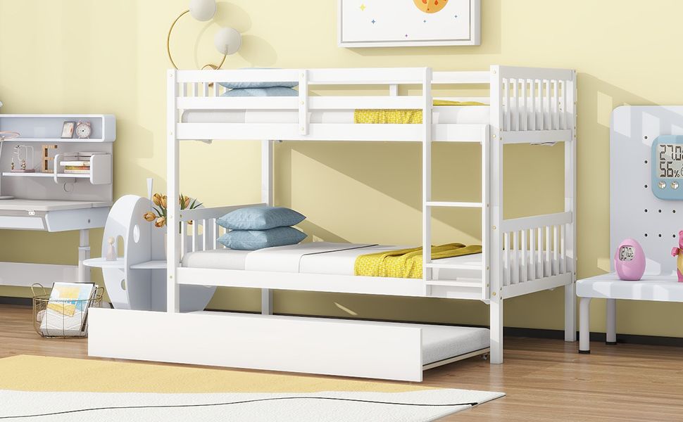 Convertible Twin Over Twin Wood Bunk Bed with Trundle, Ladder, and Safety Guardrails in White | Just Better Bunk Beds