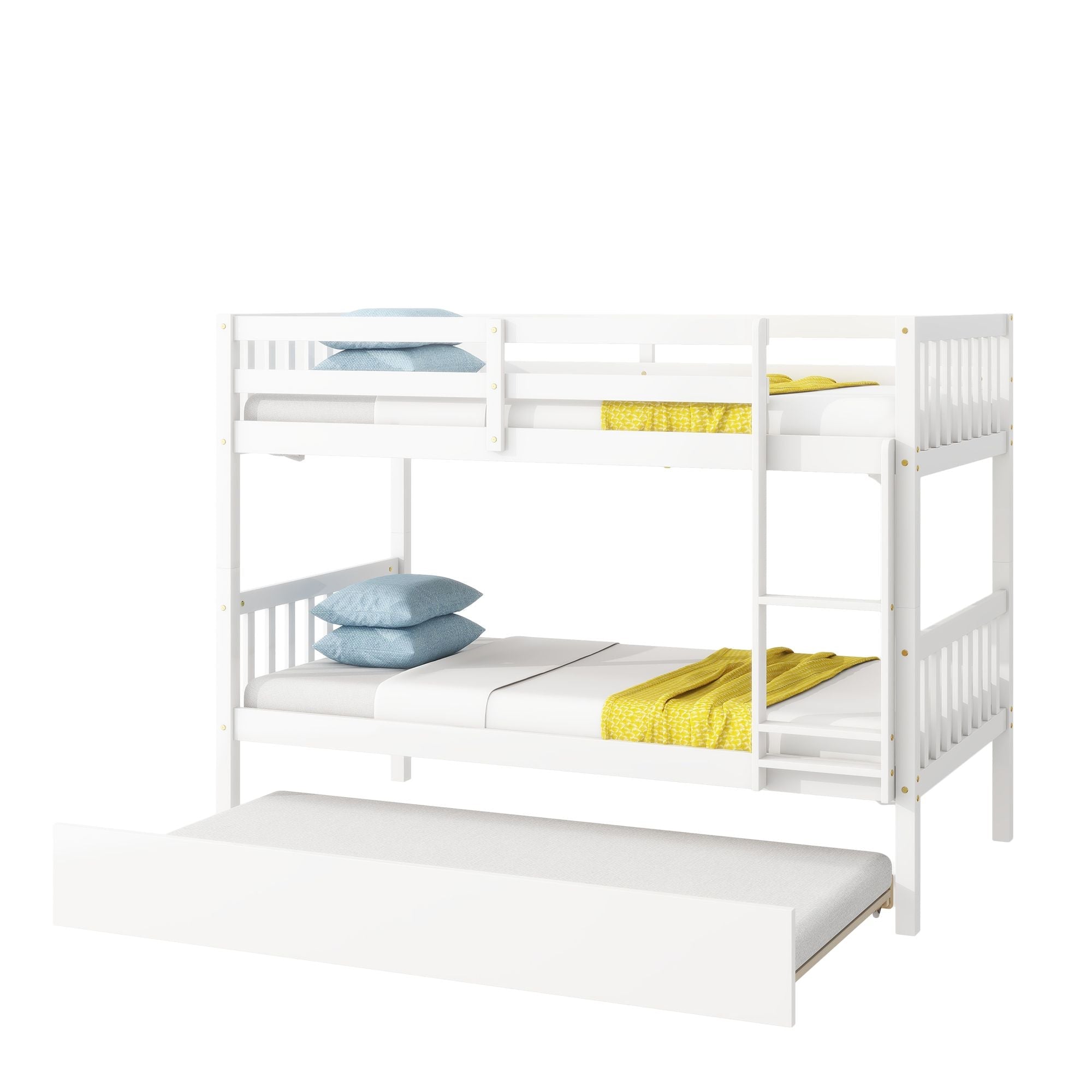 Convertible Twin Over Twin Wood Bunk Bed with Trundle, Ladder, and Safety Guardrails in White | Just Better Bunk Beds