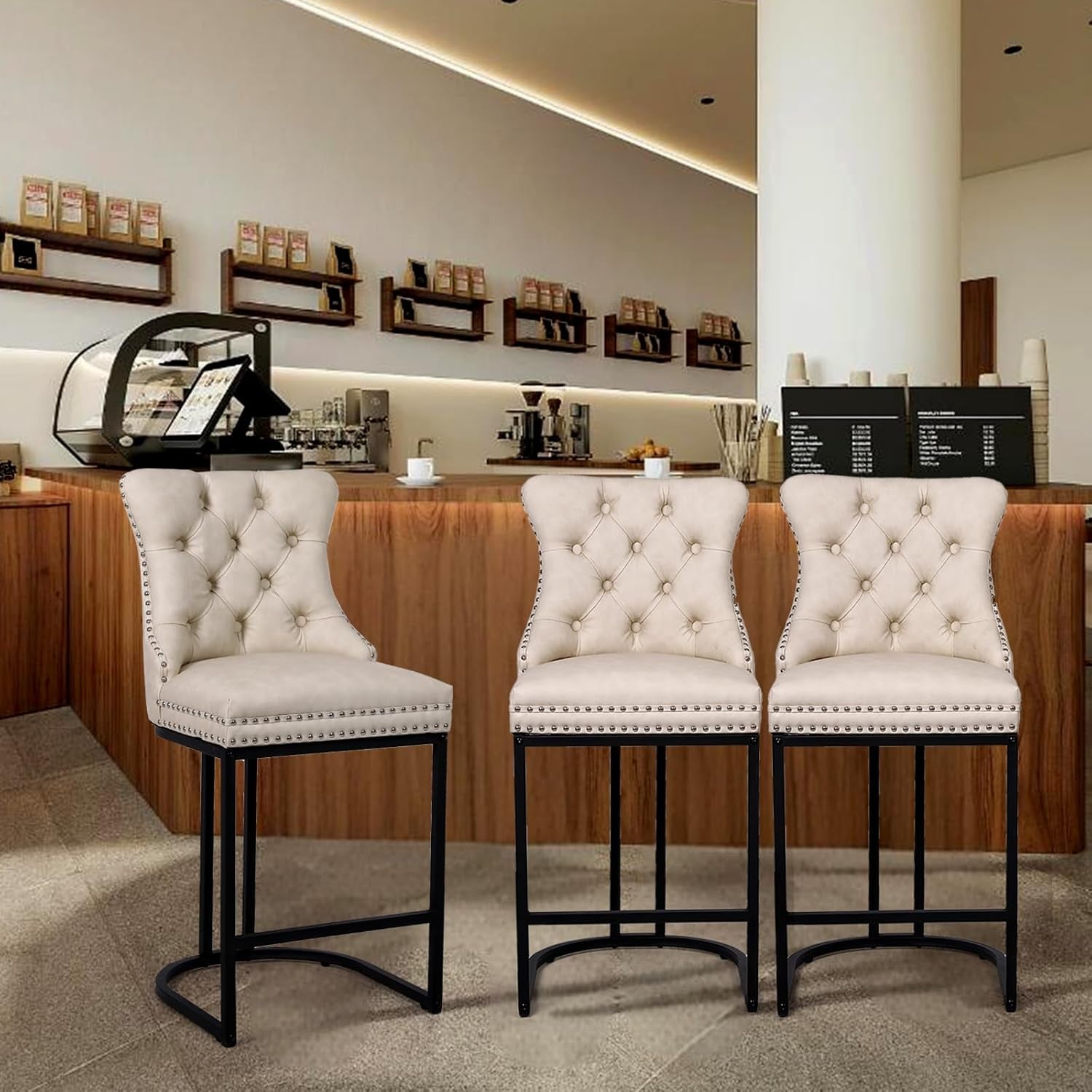 24 Inch Counter Height Bar Stools Beige With Back Faux Leather