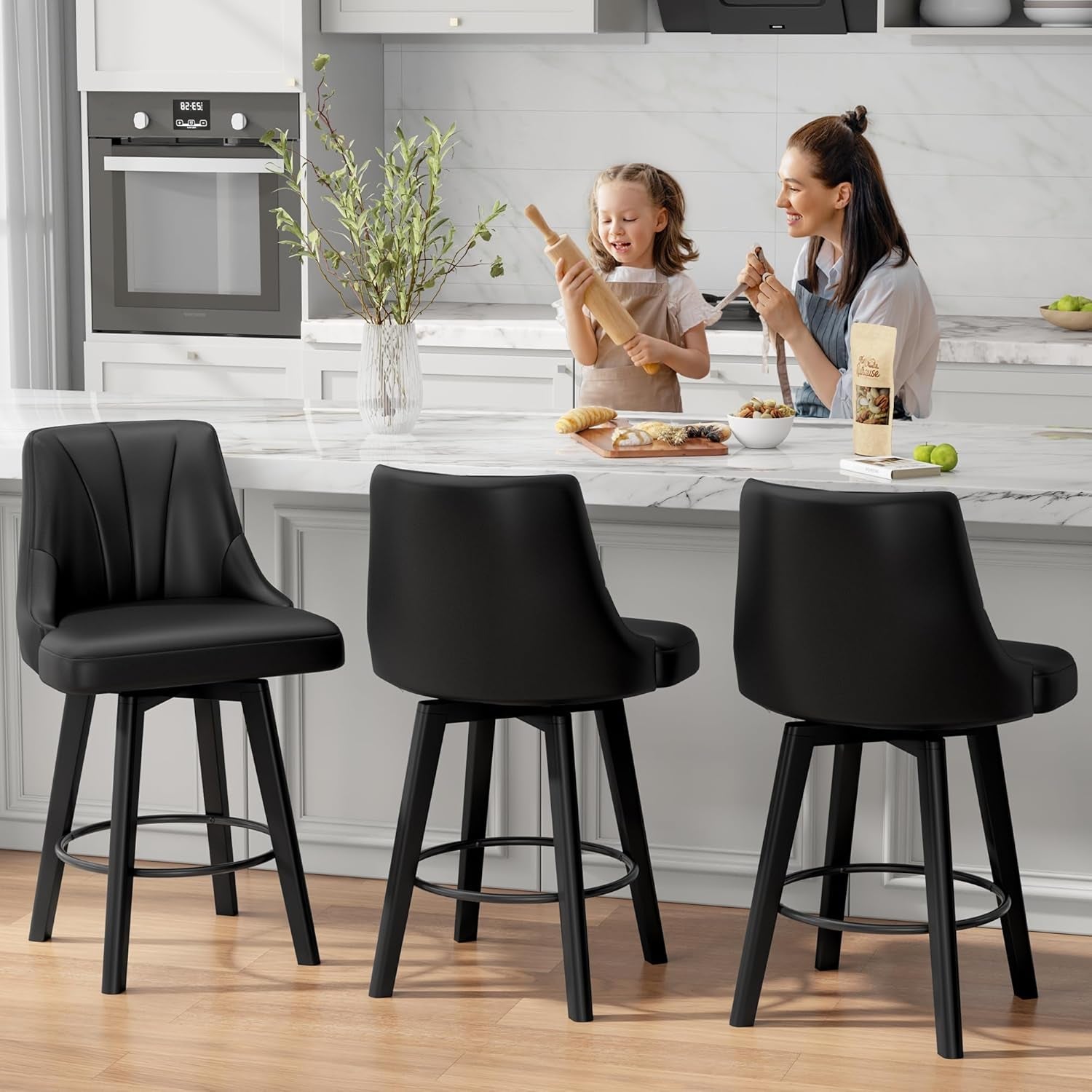 Counter Height Swivel Bar Stool 24 Inch Set Of 3 Black PU Leather