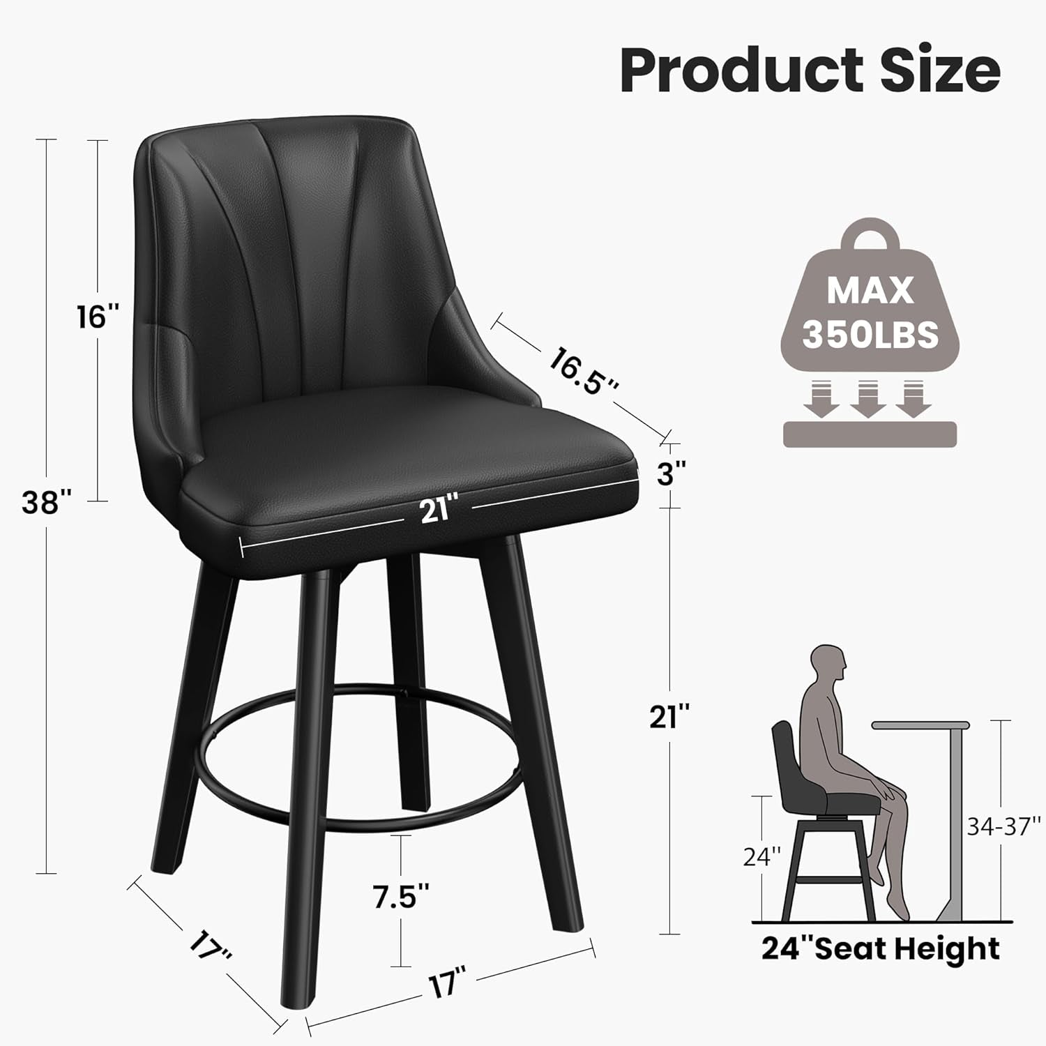Counter Height Swivel Bar Stool 24 Inch Set Of 3 Black PU Leather