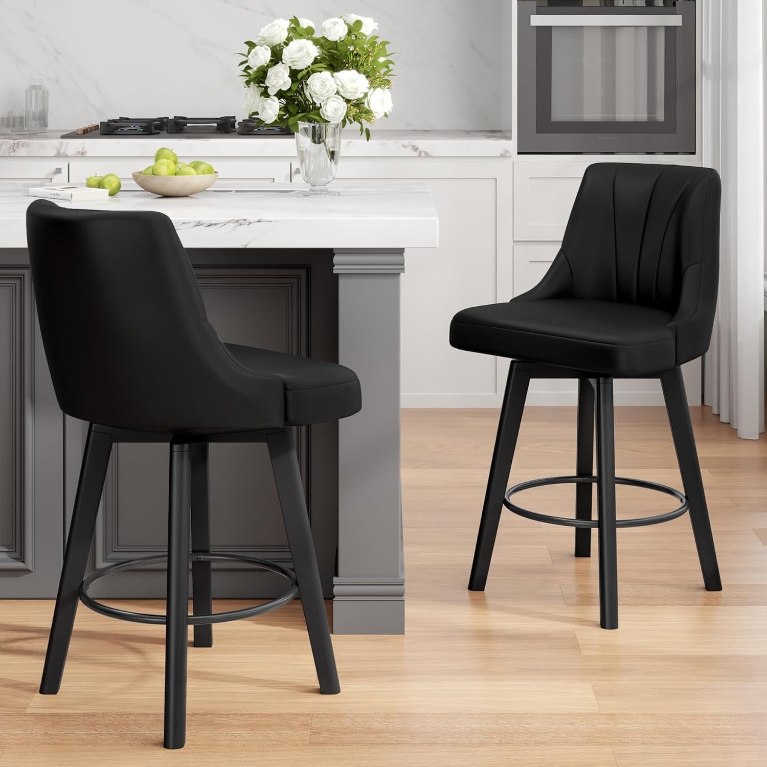 Counter Height Swivel Bar Stool 24 Inch Set Of 3 Black PU Leather