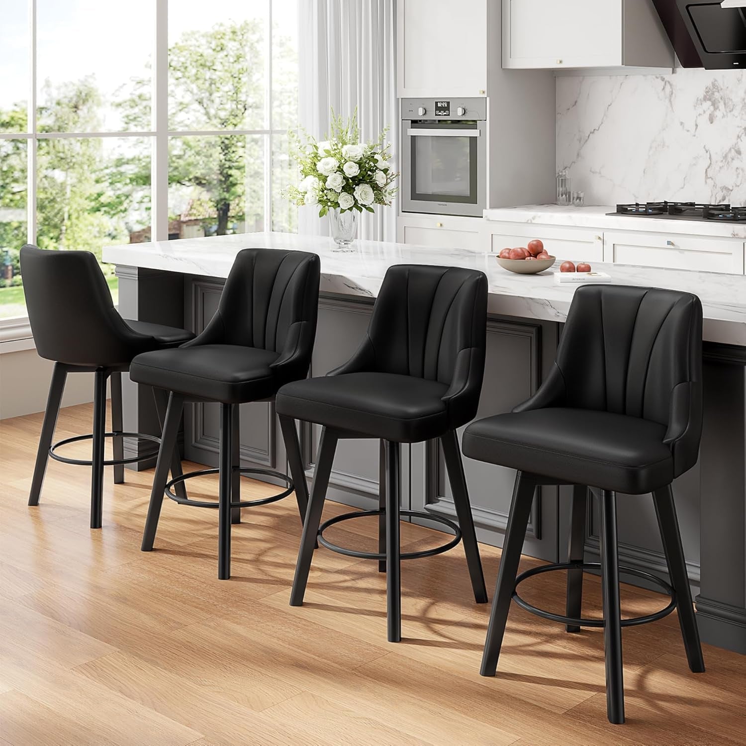 Counter Height Swivel Bar Stool 24 Inch Set Of 3 Black PU Leather