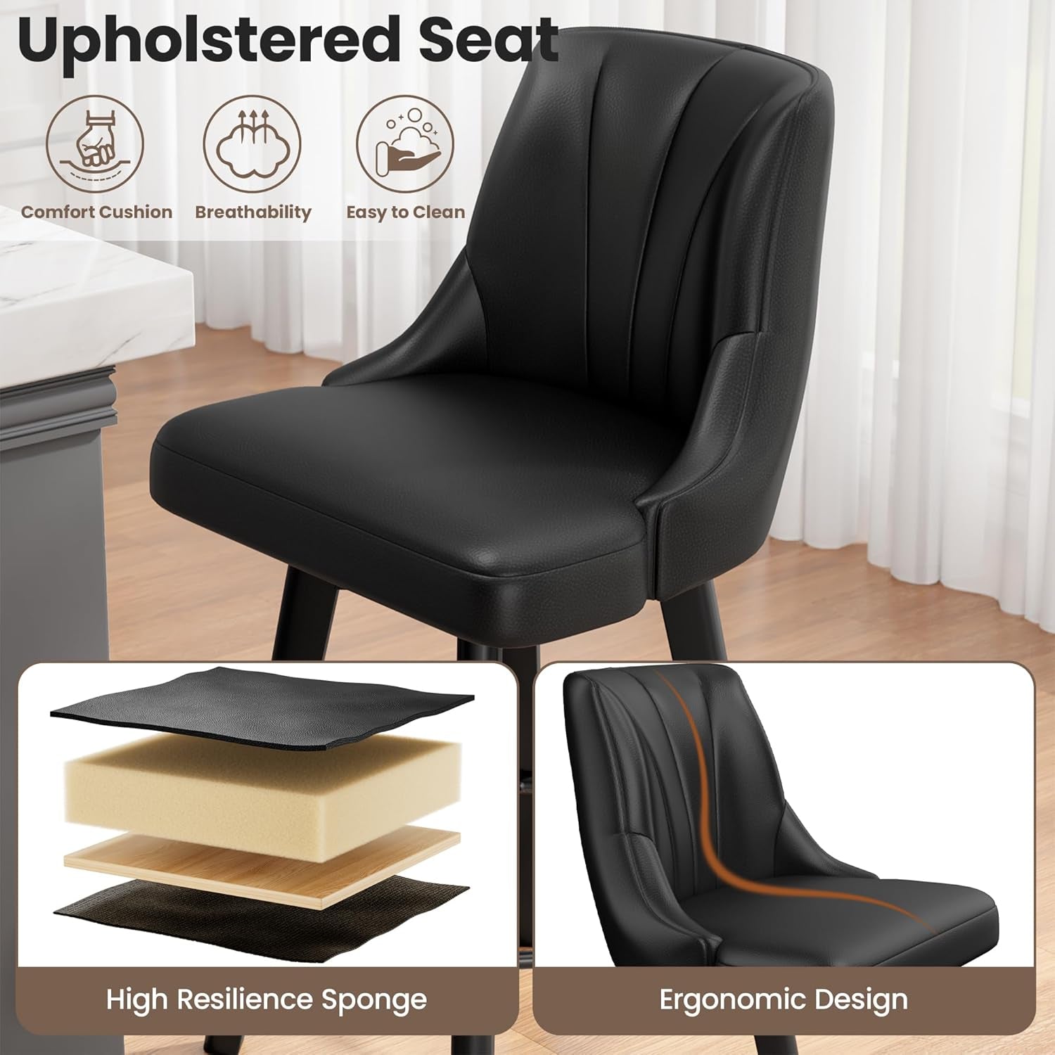 Counter Height Swivel Bar Stool 24 Inch Set Of 3 Black PU Leather