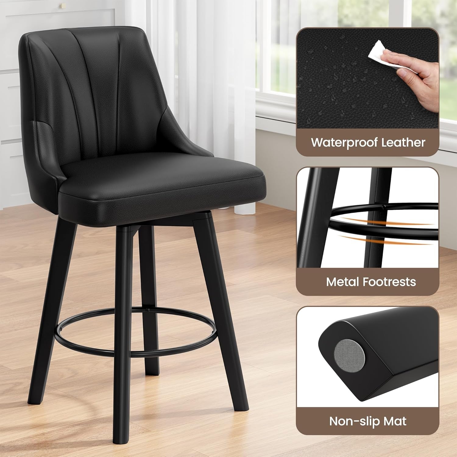 Counter Height Swivel Bar Stool 24 Inch Set Of 3 Black PU Leather