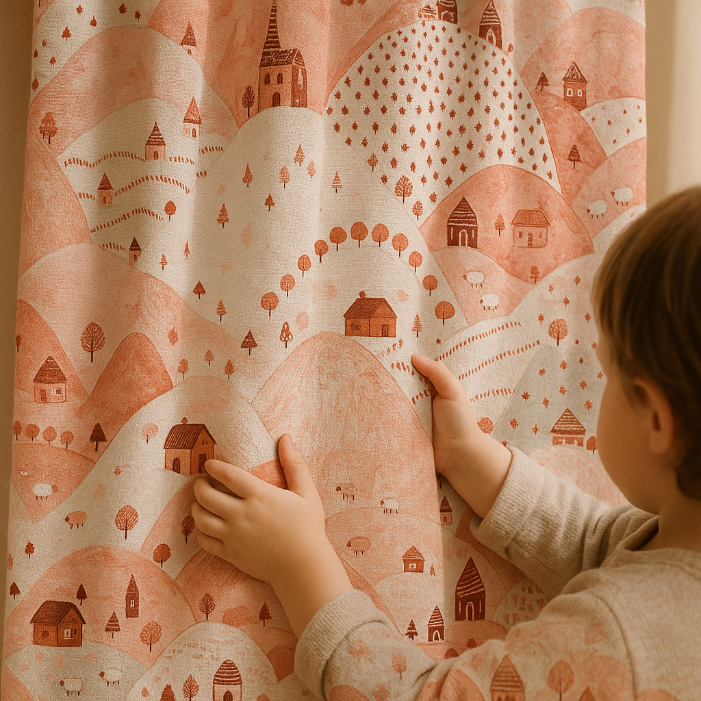 Linen Kids Curtains with Rolling Hills Countryside Pattern – 5 Colours – Blackout or Cotton Lined – Custom Sizes-3