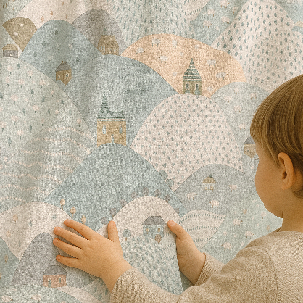 Linen Kids Curtains with Rolling Hills Countryside Pattern – 5 Colours – Blackout or Cotton Lined – Custom Sizes-4