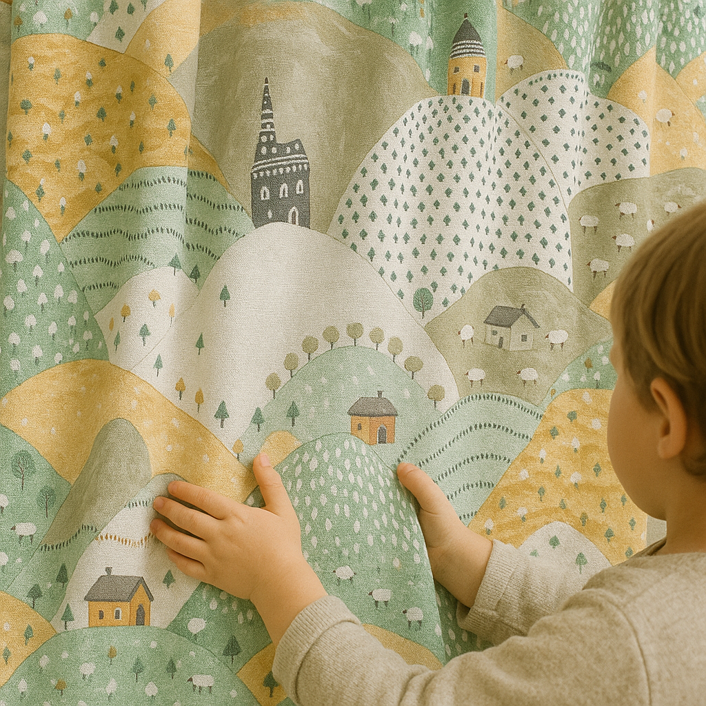Linen Kids Curtains with Rolling Hills Countryside Pattern – 5 Colours – Blackout or Cotton Lined – Custom Sizes-0