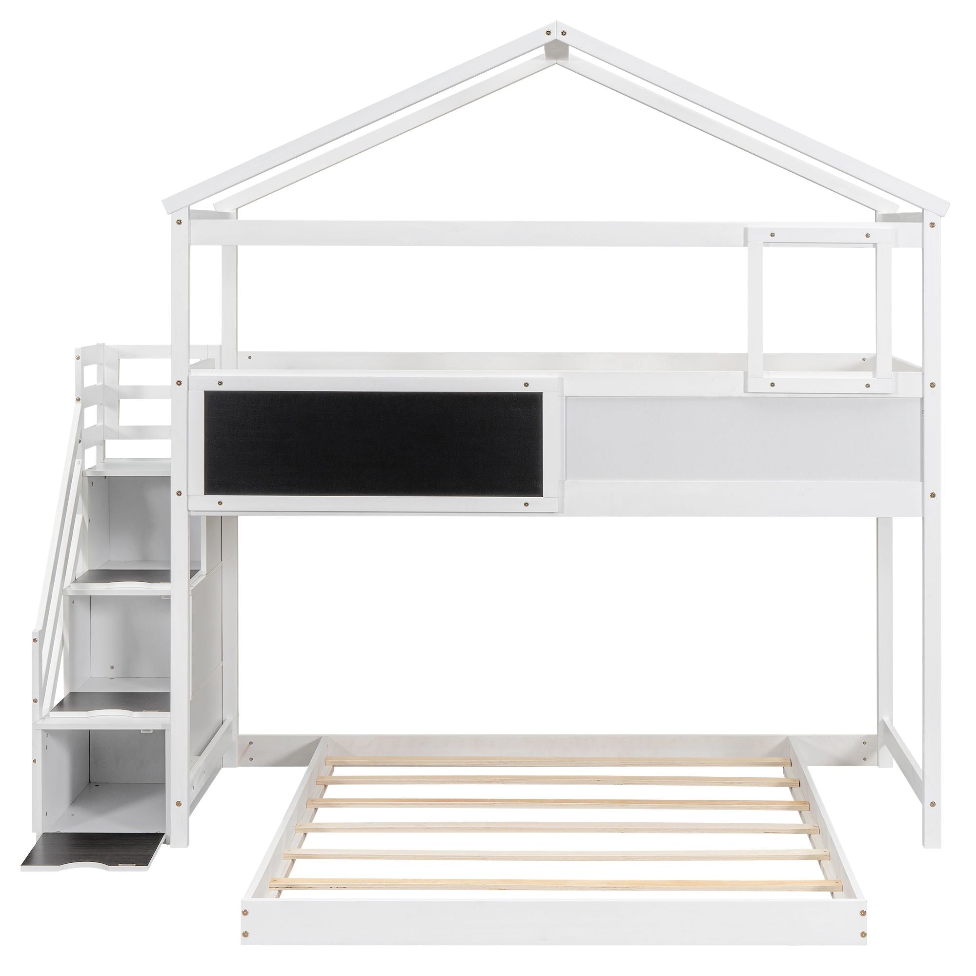 Creative Twin over Full Wood Bunk Bed with Storage Staircase and Blackboard, Gray and White | Just Better Bunk Beds