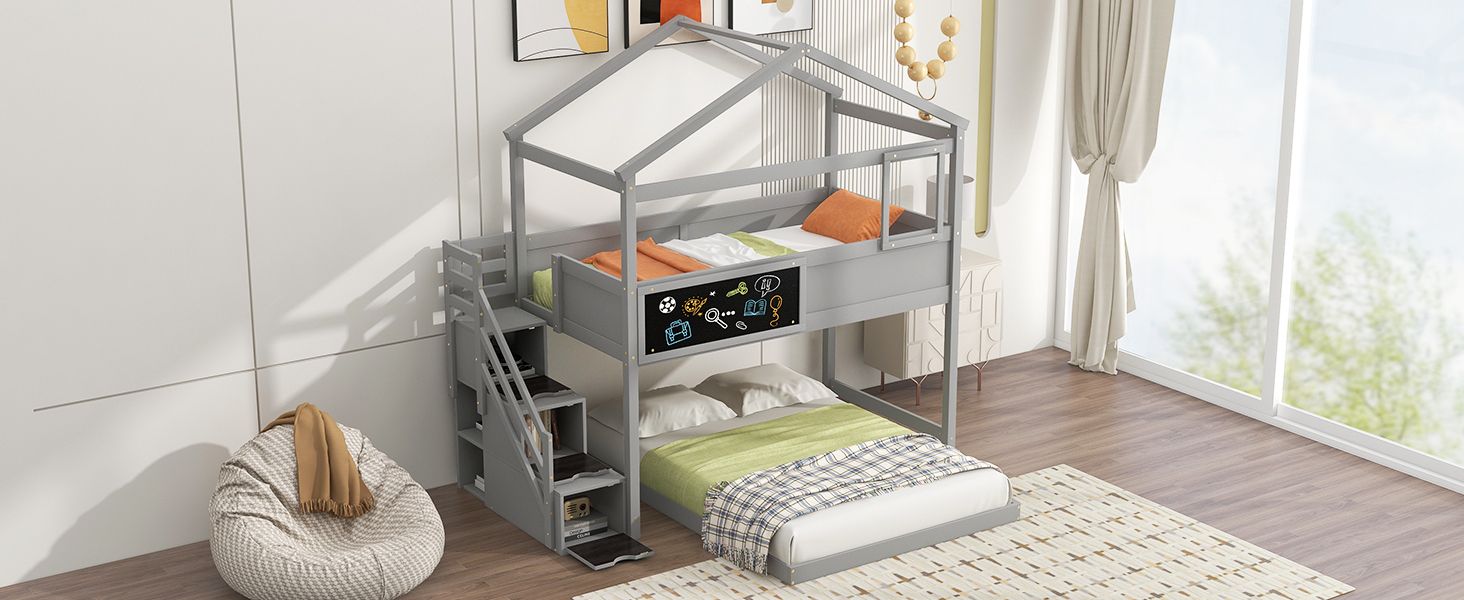 Creative Twin over Full Wood Bunk Bed with Storage Staircase and Blackboard, Gray and White | Just Better Bunk Beds