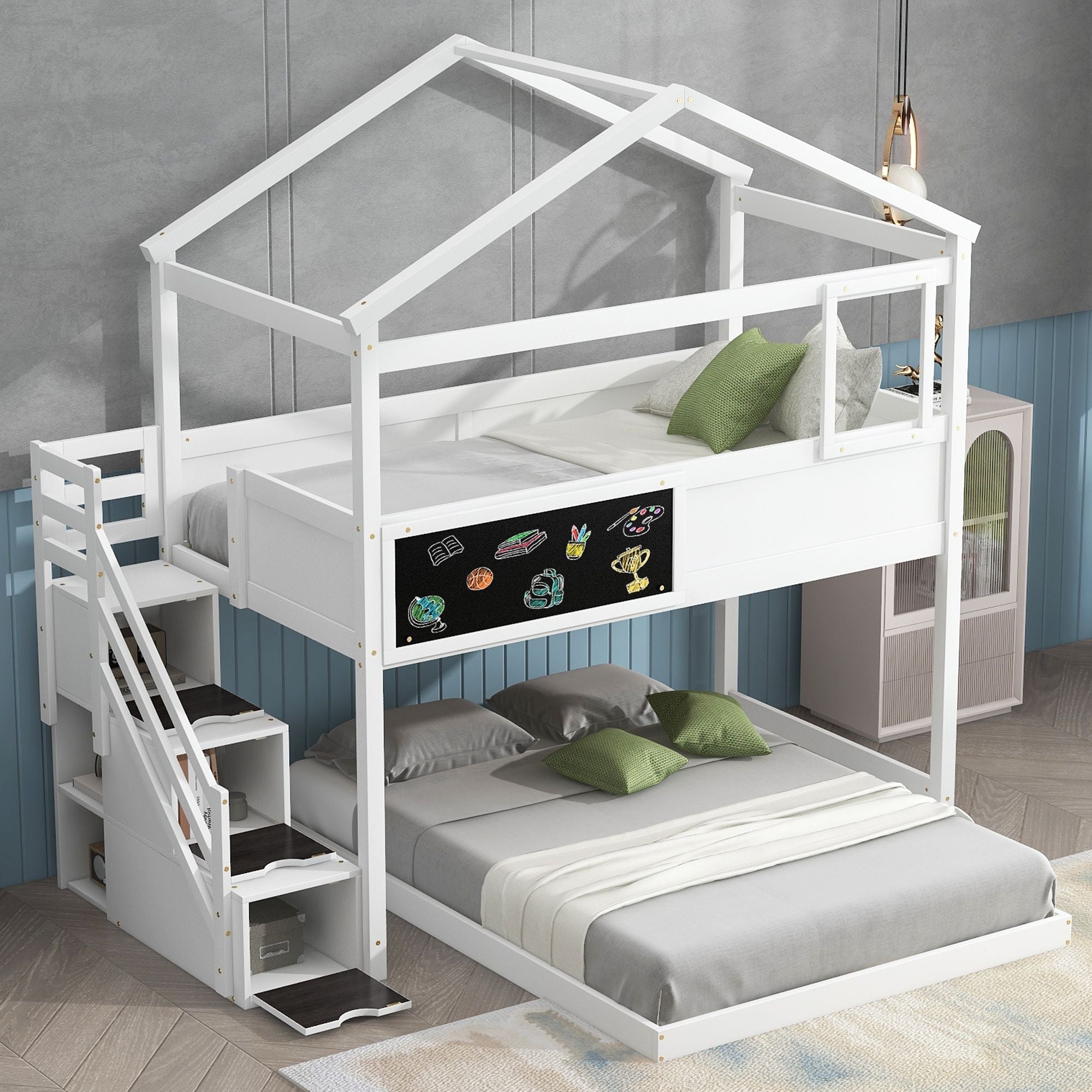 Creative Twin over Full Wood Bunk Bed with Storage Staircase and Blackboard, Gray and White | Just Better Bunk Beds