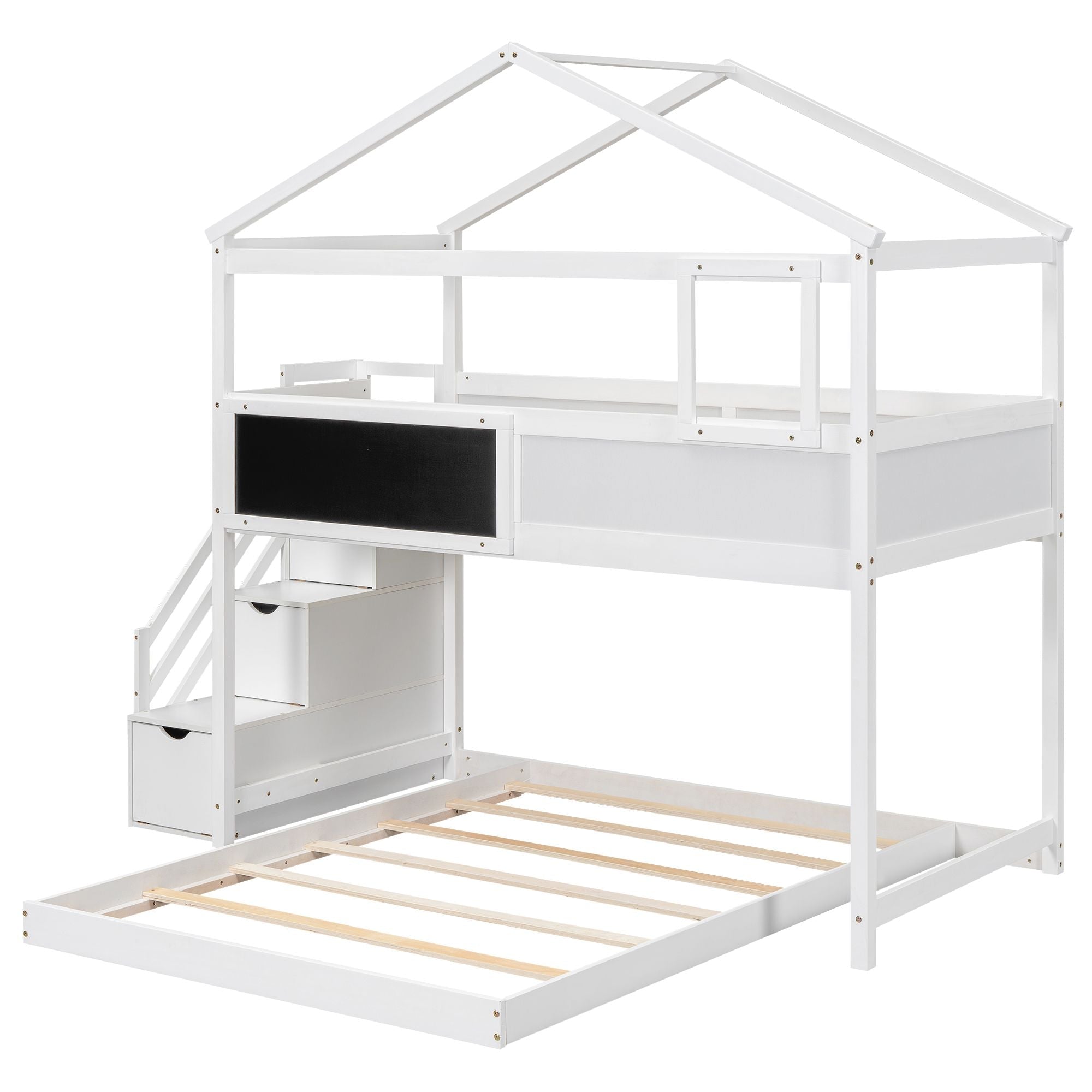 Creative Twin over Full Wood Bunk Bed with Storage Staircase and Blackboard, Gray and White | Just Better Bunk Beds