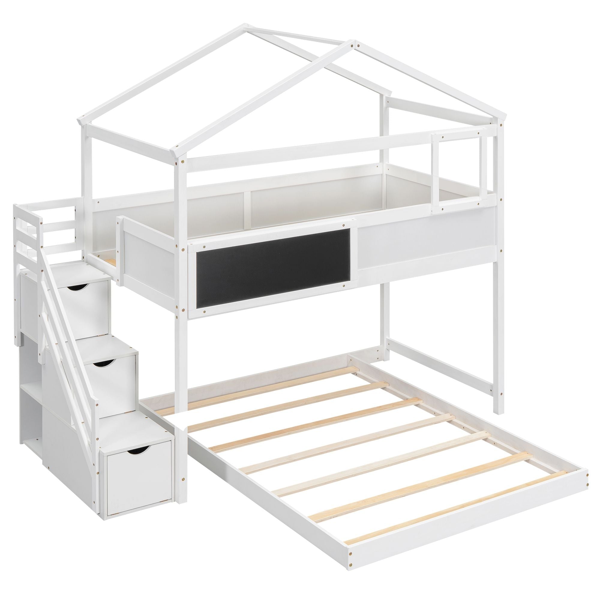 Creative Twin over Full Wood Bunk Bed with Storage Staircase and Blackboard, Gray and White | Just Better Bunk Beds