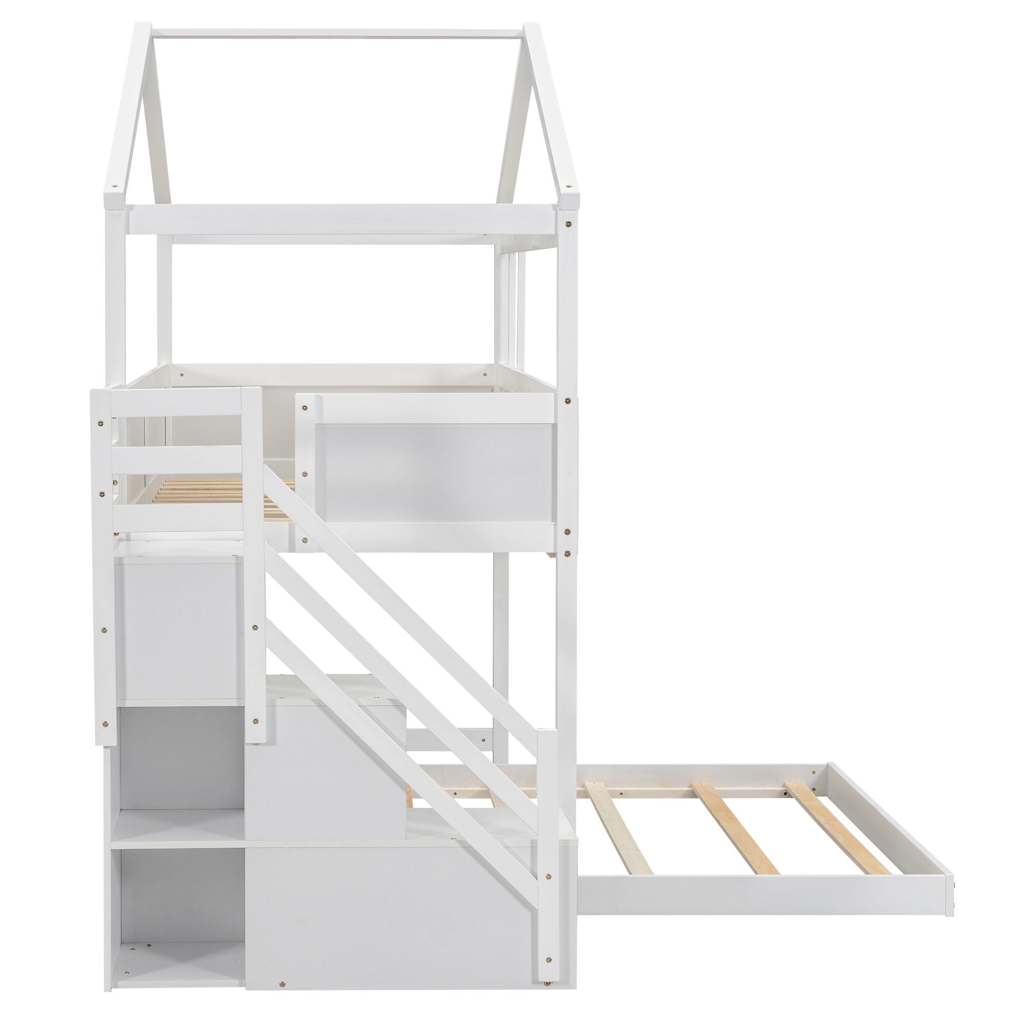 Creative Twin over Full Wood Bunk Bed with Storage Staircase and Blackboard, Gray and White | Just Better Bunk Beds