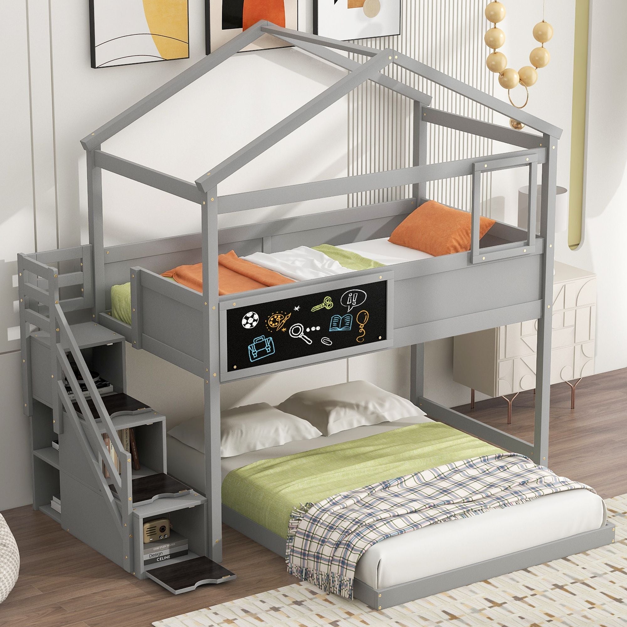 Creative Twin over Full Wood Bunk Bed with Storage Staircase and Blackboard, Gray and White | Just Better Bunk Beds