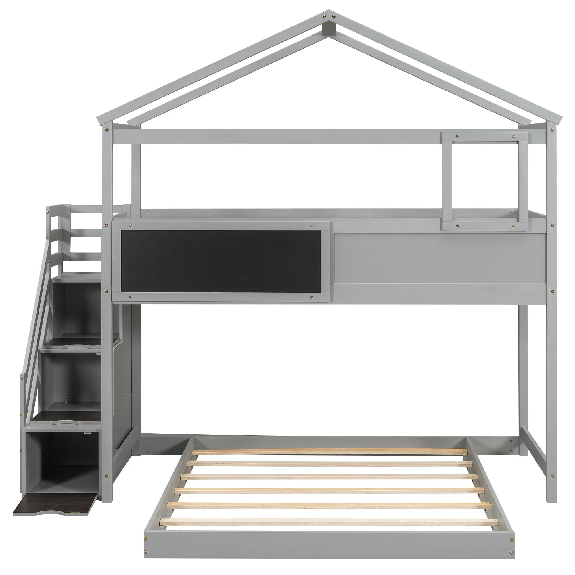 Creative Twin over Full Wood Bunk Bed with Storage Staircase and Blackboard, Gray and White | Just Better Bunk Beds