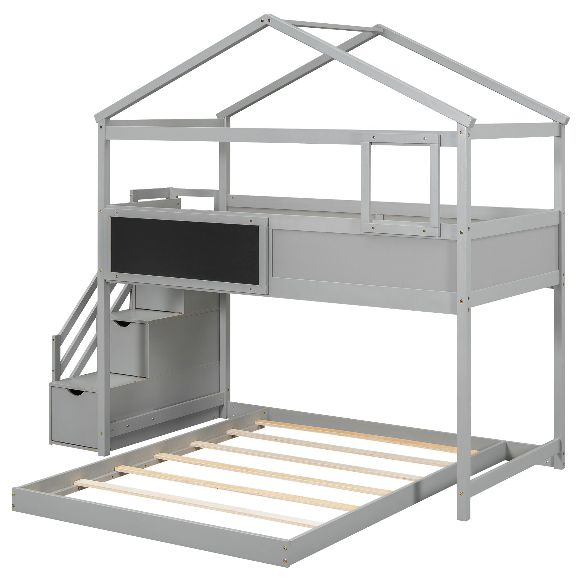 Creative Twin over Full Wood Bunk Bed with Storage Staircase and Blackboard, Gray and White | Just Better Bunk Beds