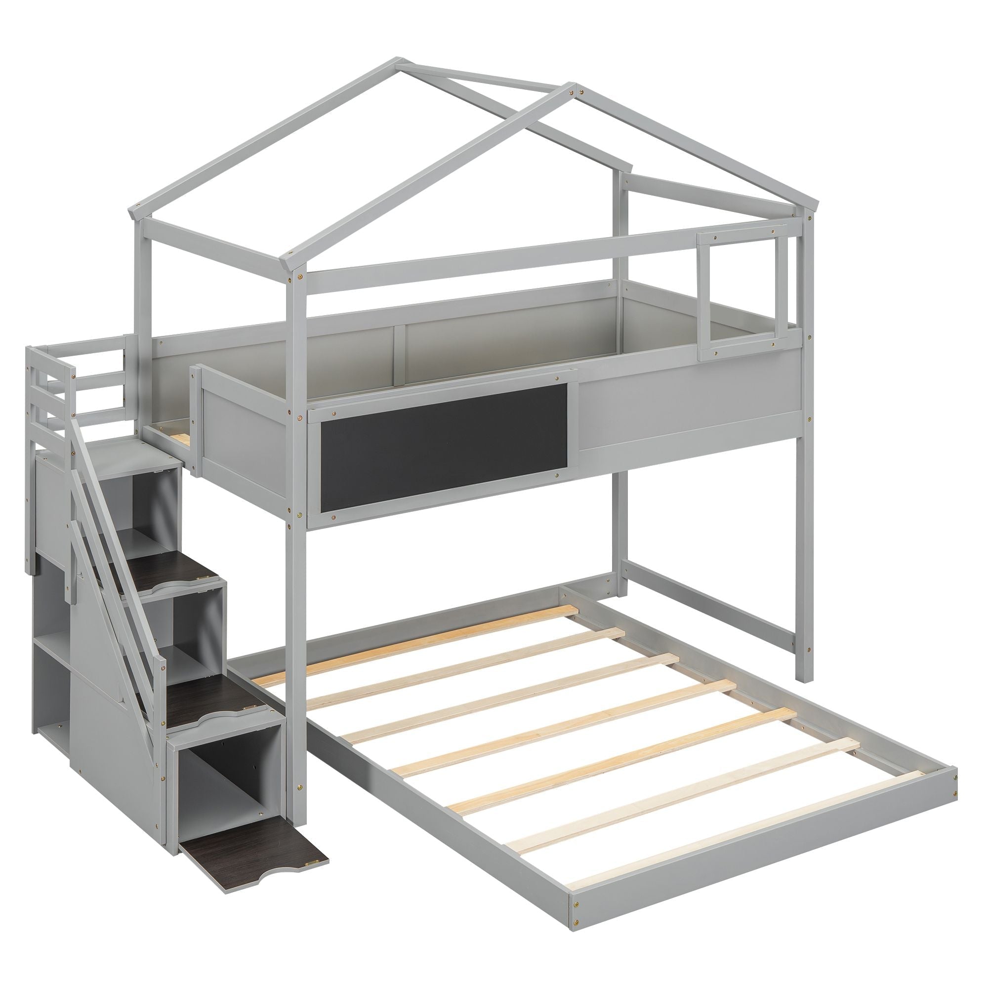 Creative Twin over Full Wood Bunk Bed with Storage Staircase and Blackboard, Gray and White | Just Better Bunk Beds
