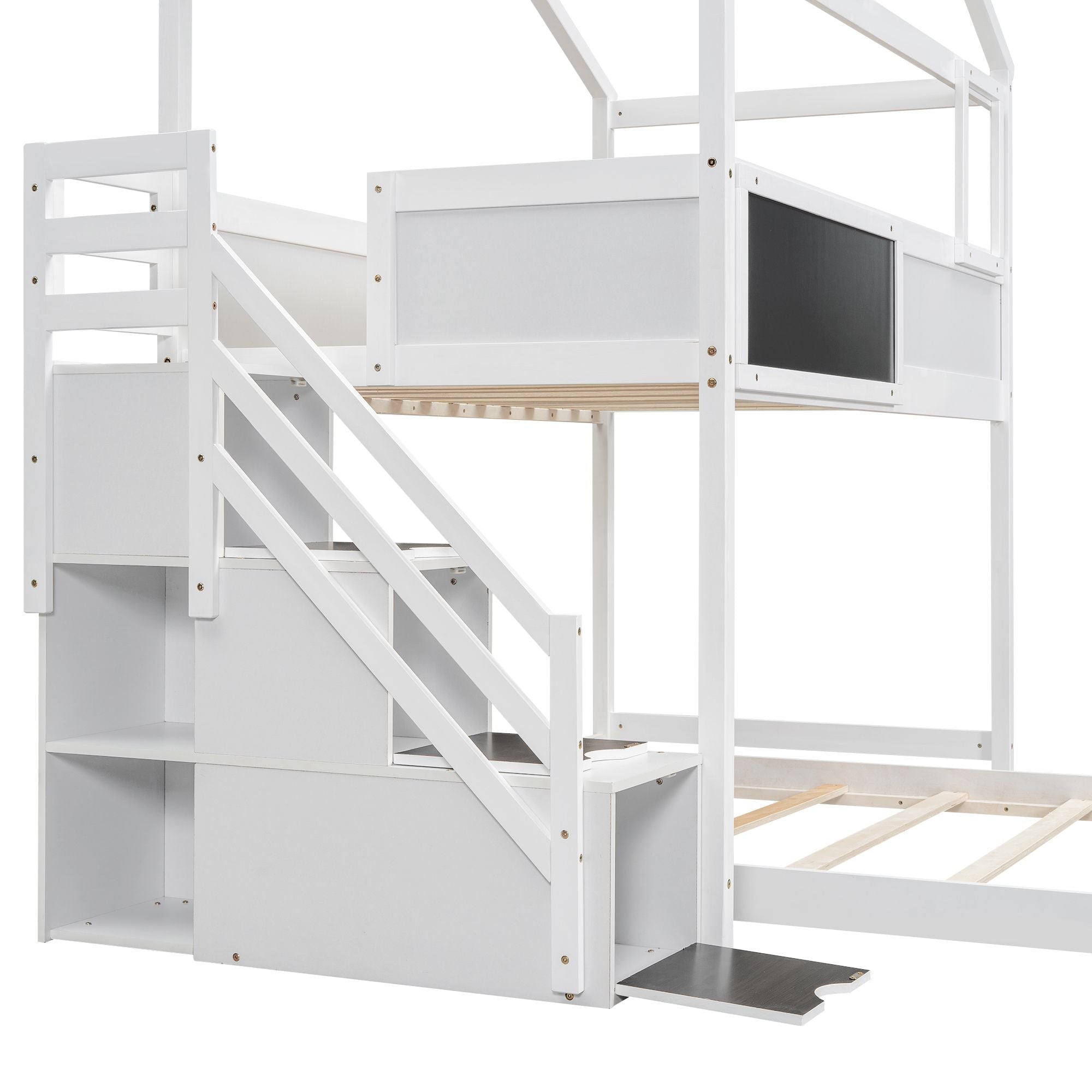 Creative Twin over Full Wood Bunk Bed with Storage Staircase and Blackboard, Gray and White | Just Better Bunk Beds