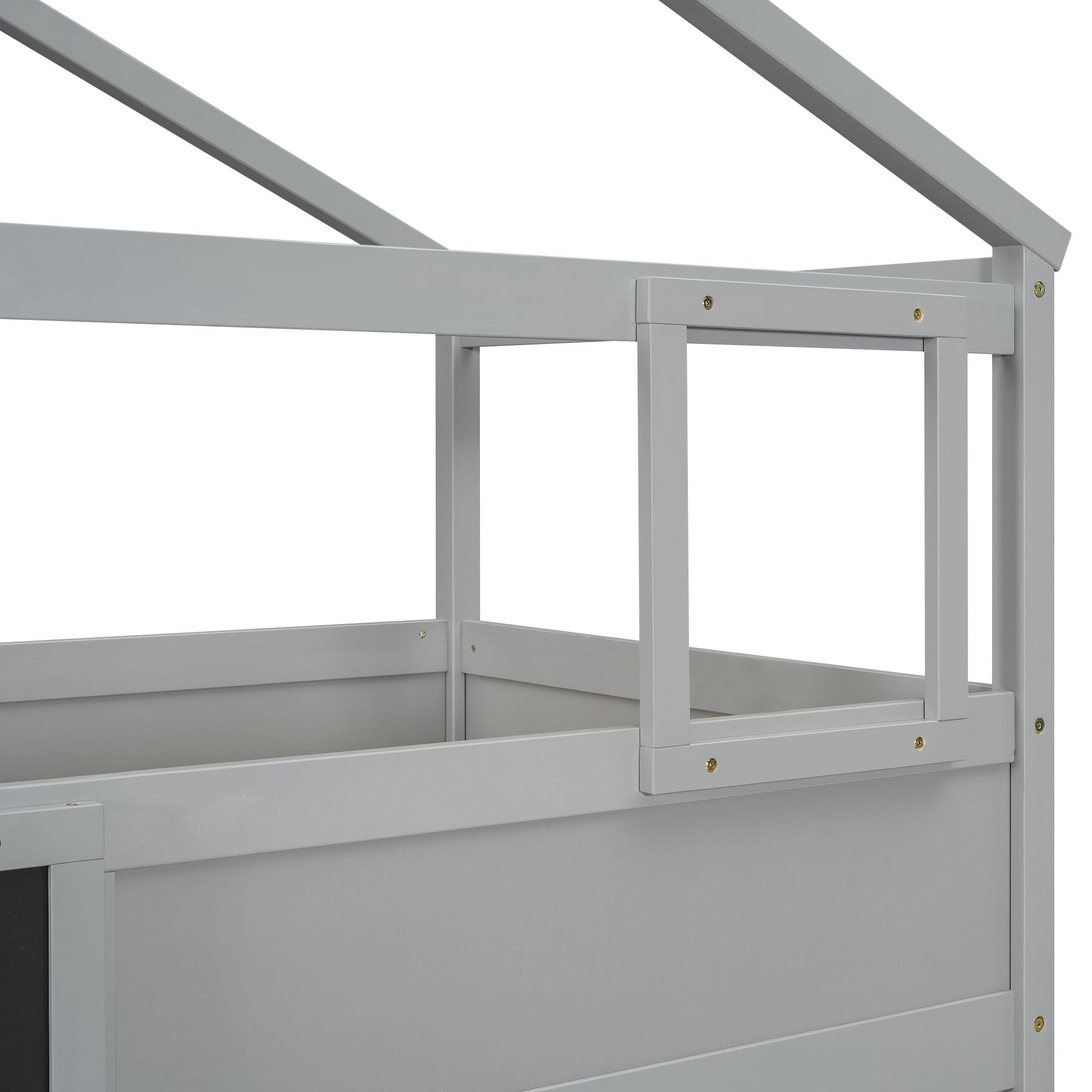 Creative Twin over Full Wood Bunk Bed with Storage Staircase and Blackboard, Gray and White | Just Better Bunk Beds