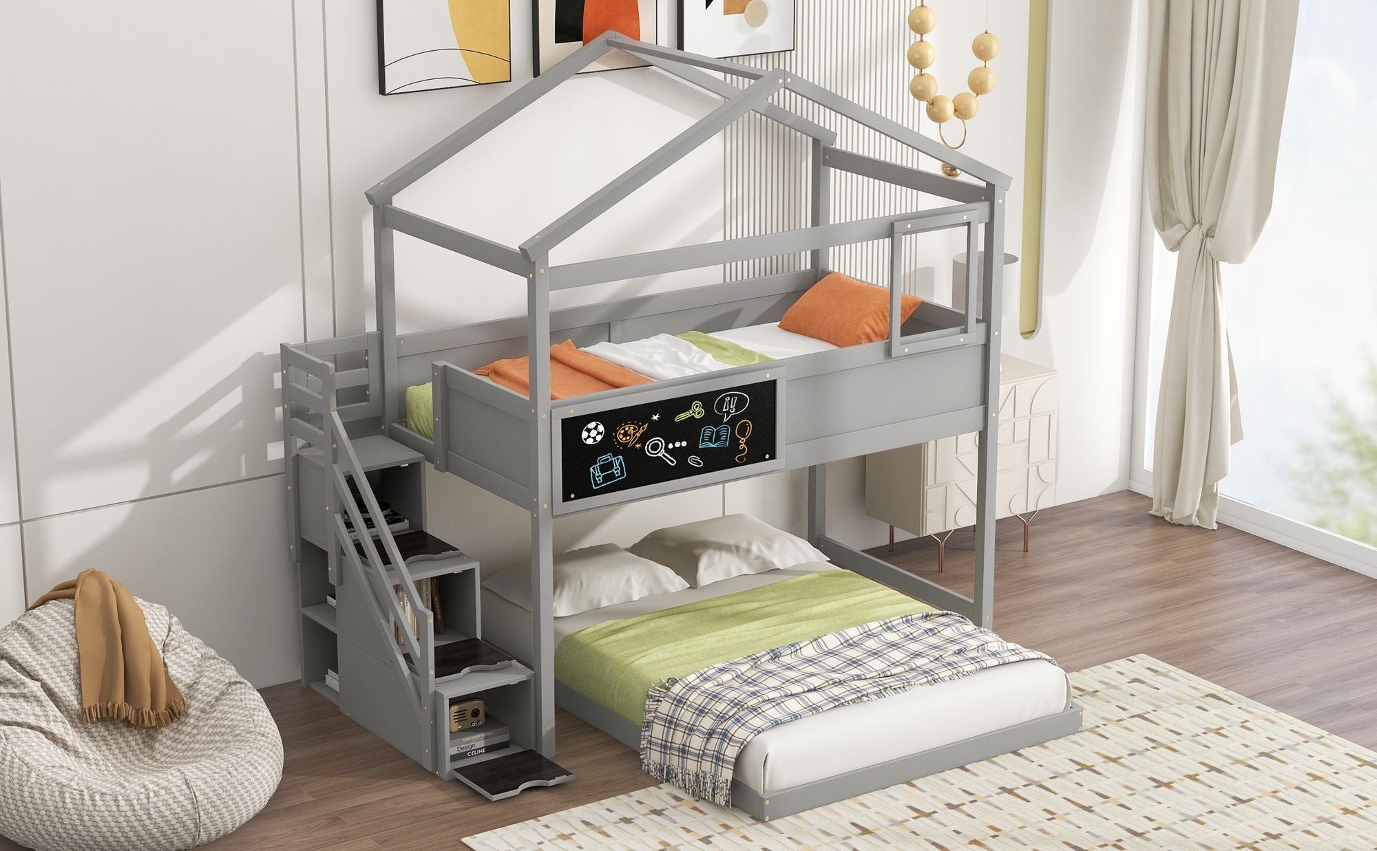 Creative Twin over Full Wood Bunk Bed with Storage Staircase and Blackboard, Gray and White | Just Better Bunk Beds