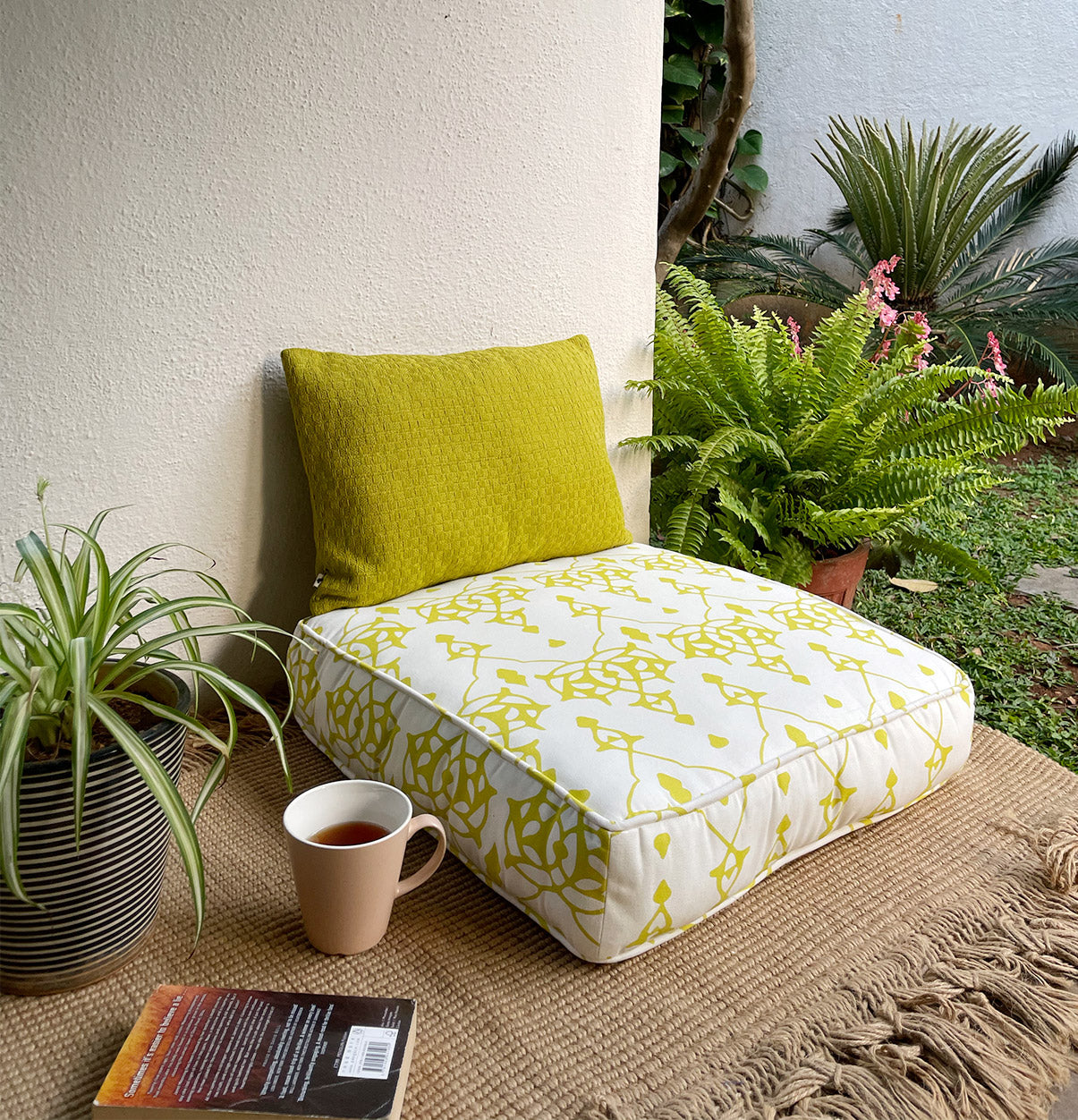 Large Patterned Floor Cushion (20x20") for Lounging & Meditation - Cream with Lime Green Design - 100% Cotton - Eco-Friendly-0