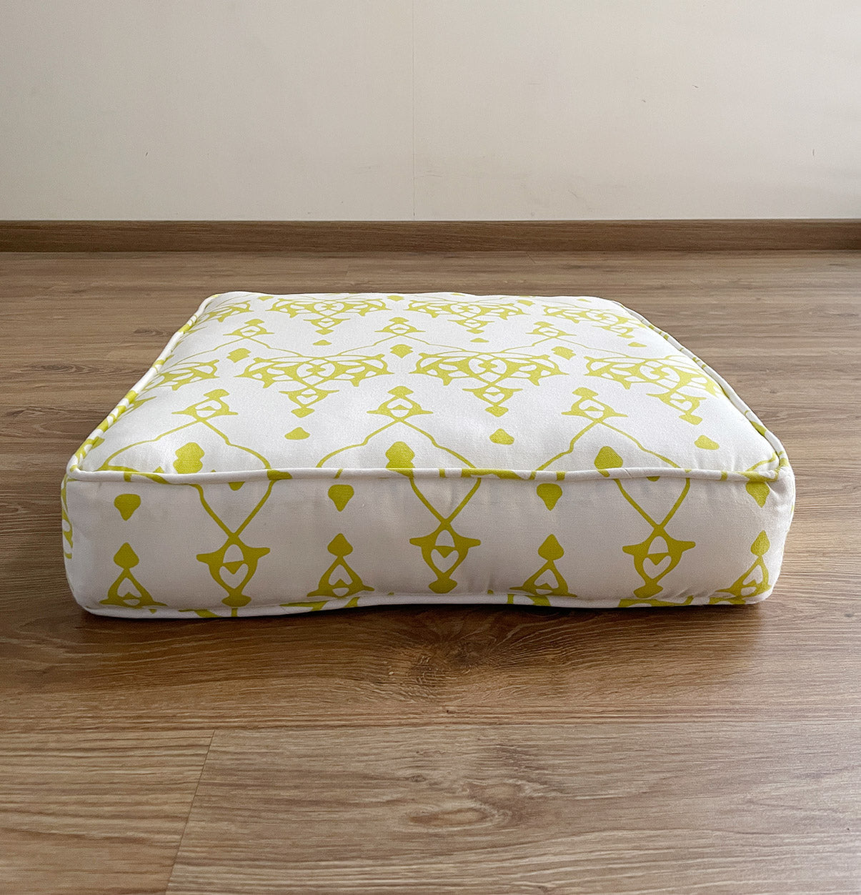 Large Patterned Floor Cushion (20x20") for Lounging & Meditation - Cream with Lime Green Design - 100% Cotton - Eco-Friendly-1