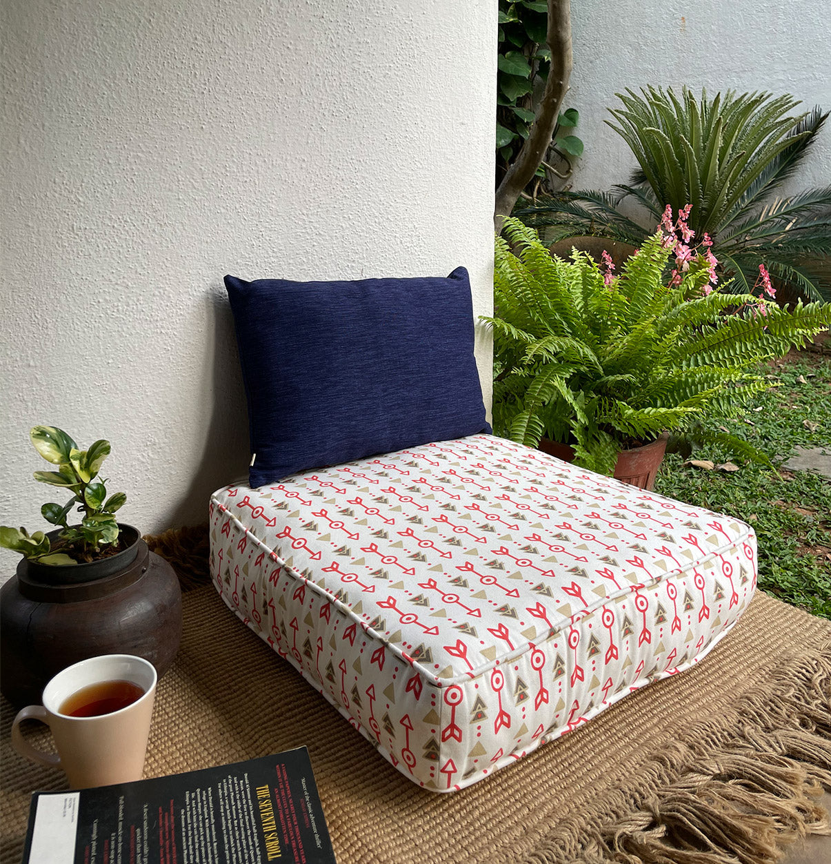 Large Patterned Floor Cushion (20x20") for Lounging & Meditation - Cream with Red Arrow Design - 100% Cotton - Eco-Friendly-0