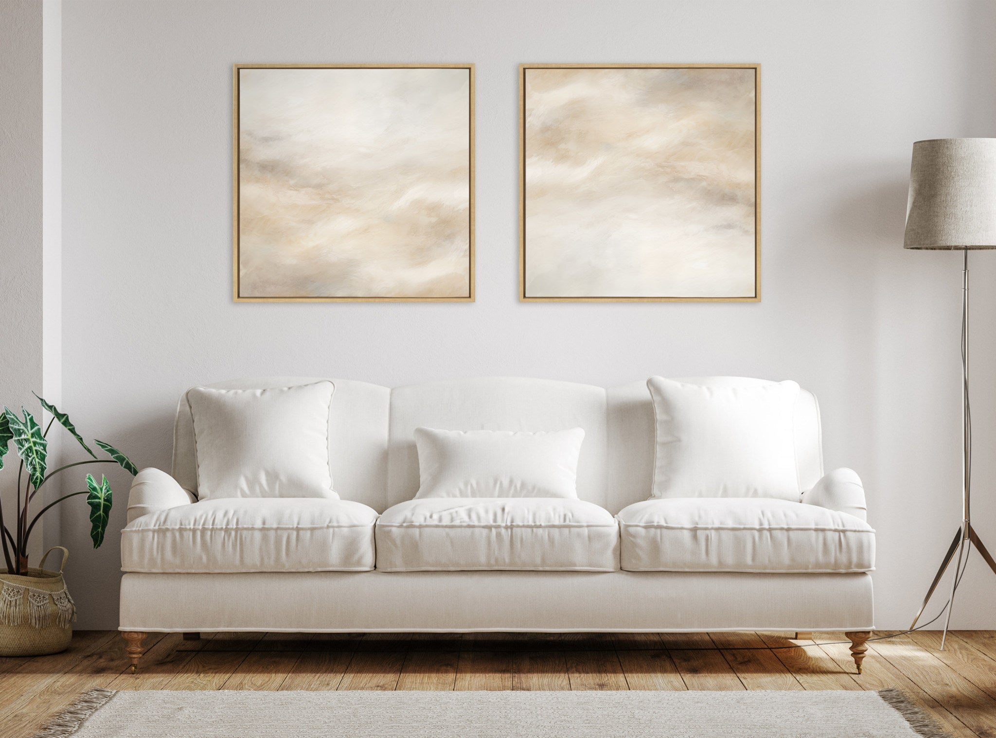 Sylvie Tonal Abstract White Beige Framed Canvas by The Creative Bunch Studio