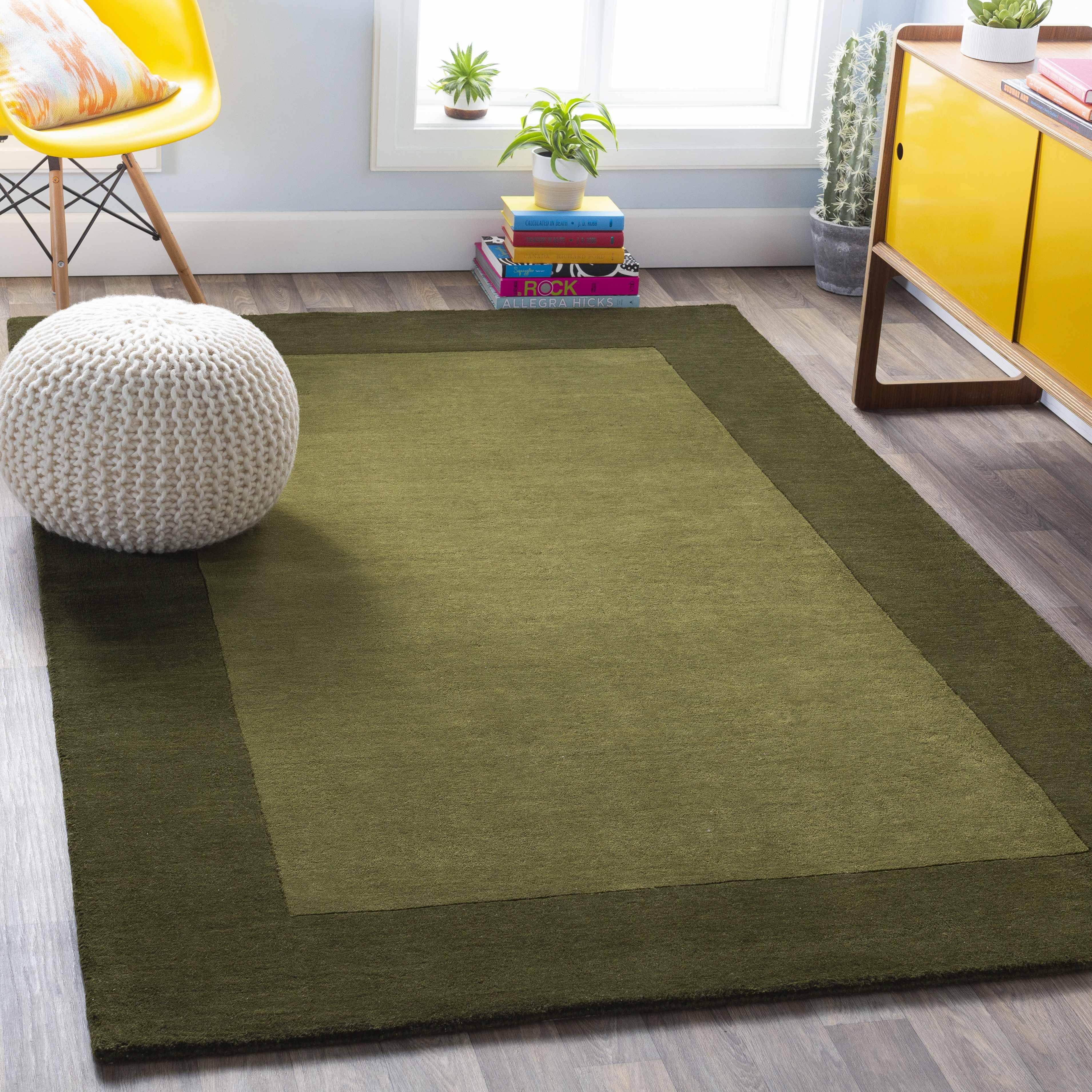 Bordered Solid Olive Green Wool Rug - PRHOMZ