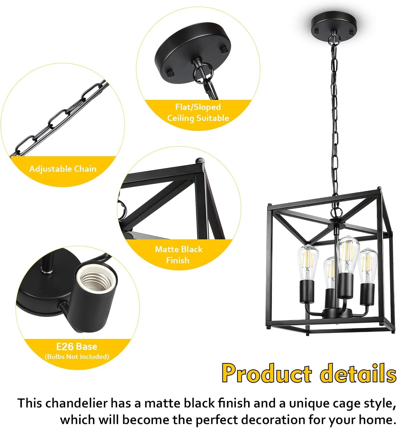 Black Farmhouse 4 Light Chandelier Pendant Light Adjustable