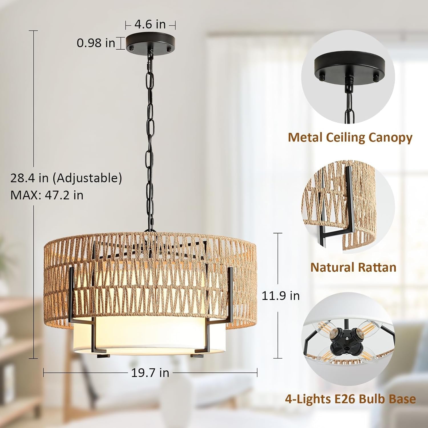 Boho Rattan Chandelier Pendant Light Natural Finish-1