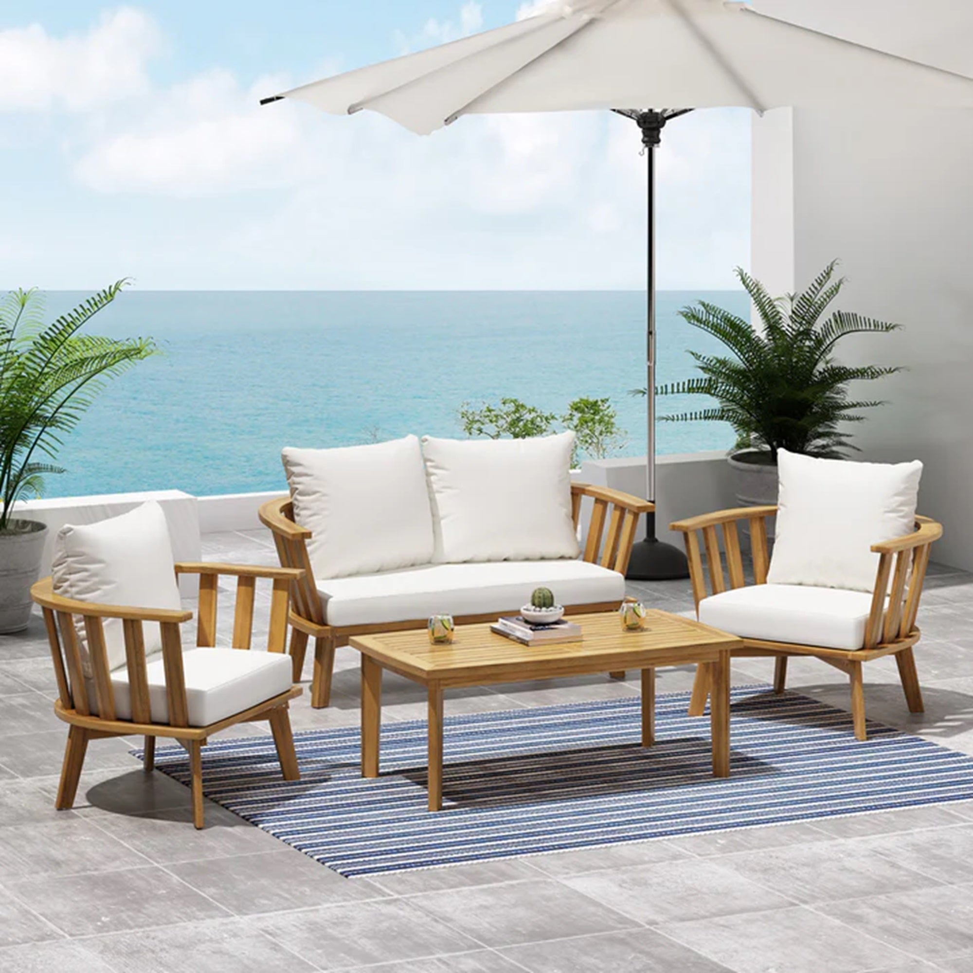 4-Pieces Acacia Wood Patio Furniture Set with Cushions