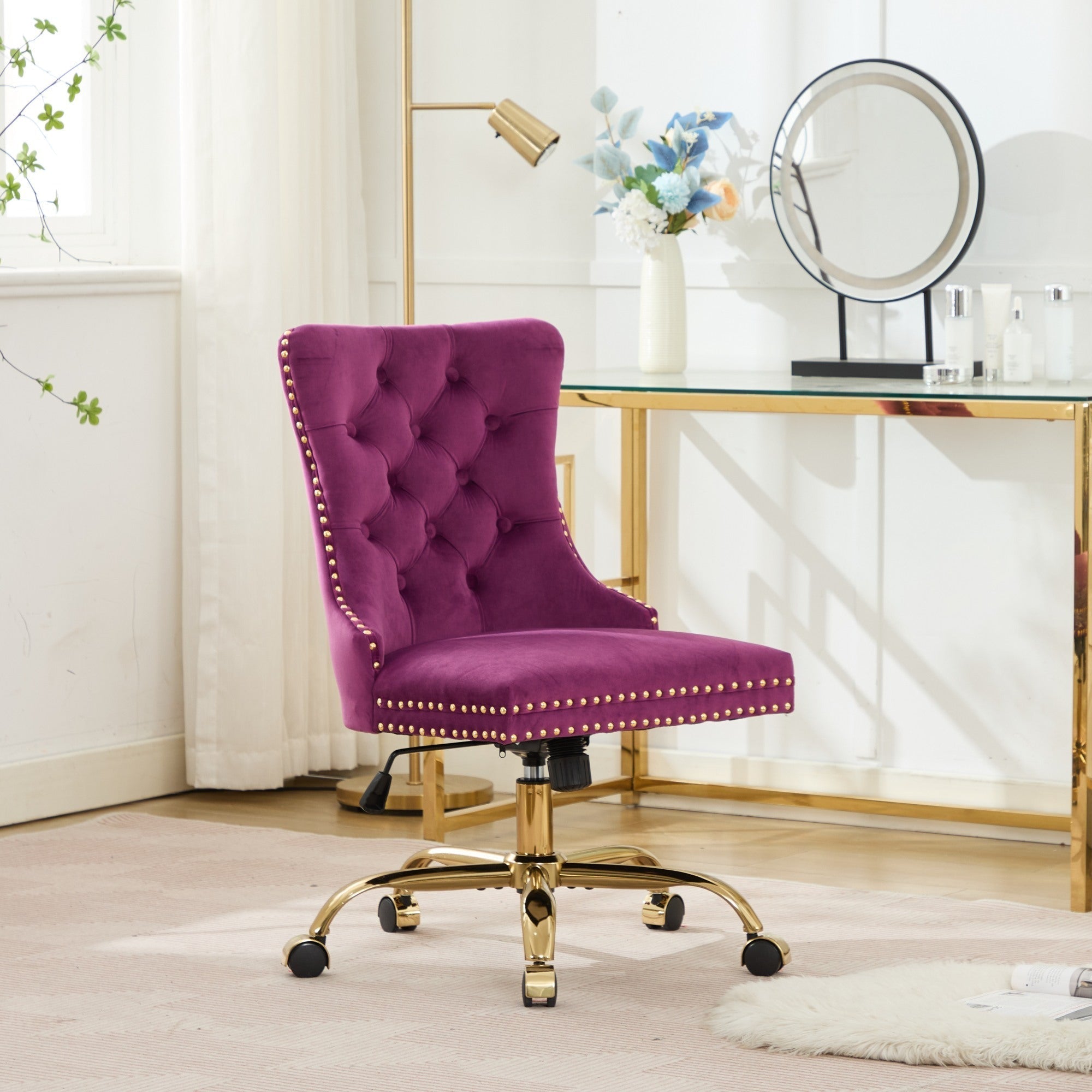 Office Chair Modern Velvet Upholstered Tufted Button (Purple)