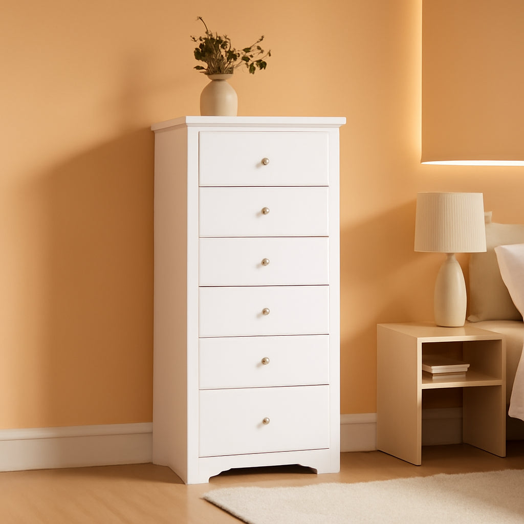 White Wooden 6 Drawer Dresser Chest For Bedroom Storage