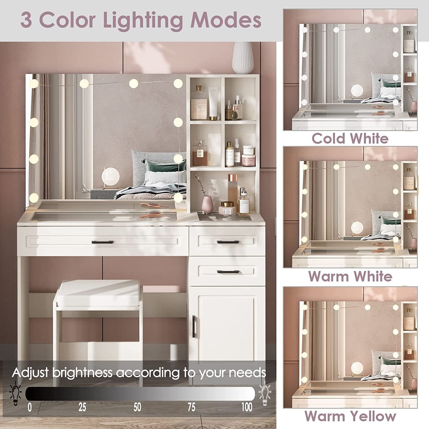 White Vanity Table Set With Glass Top Hollywood Mirror