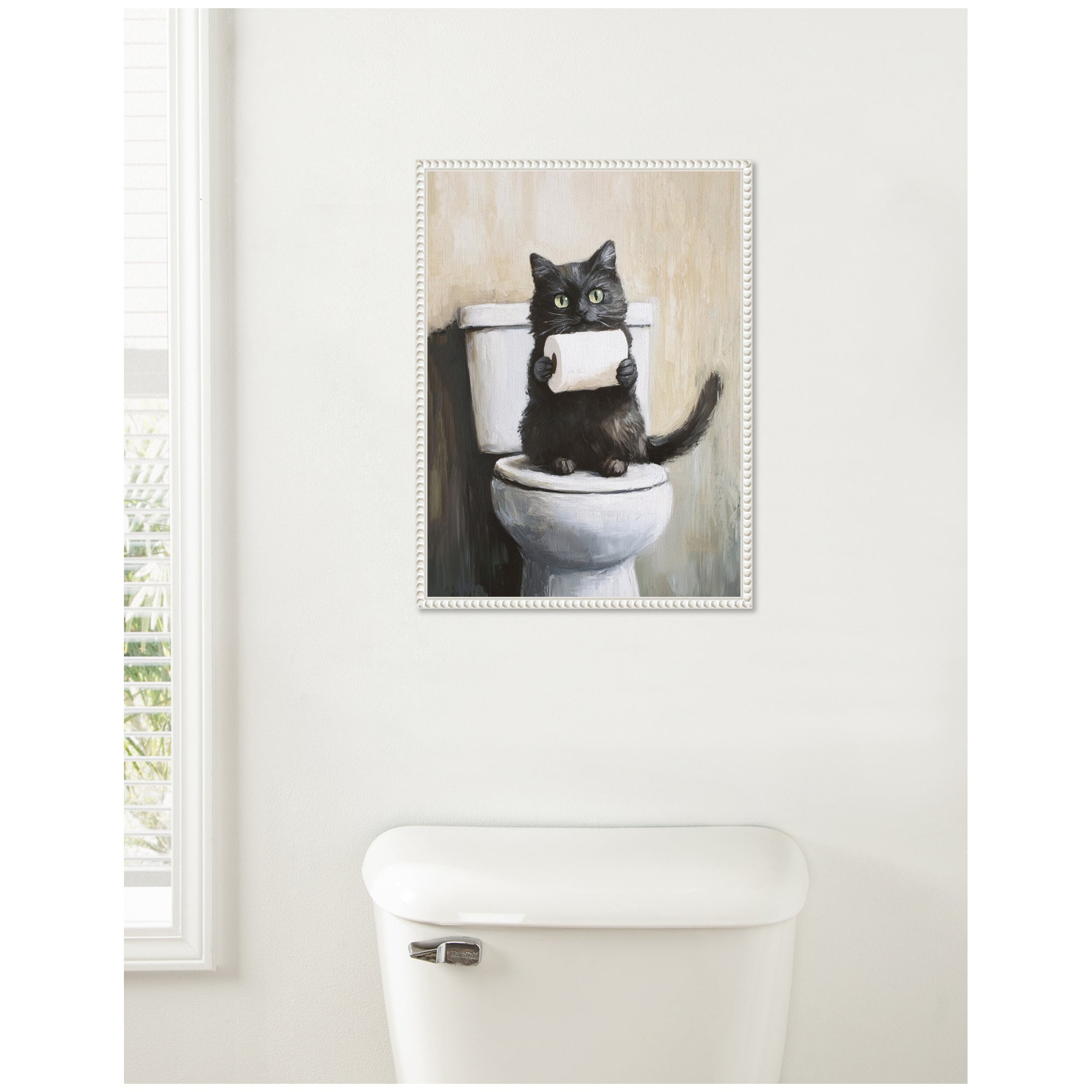 Sylvie Mischievous Black Cat Holding Toilet Paper Roll Toilet Bathroom Art Framed Canvas by The Creative Bunch Studio