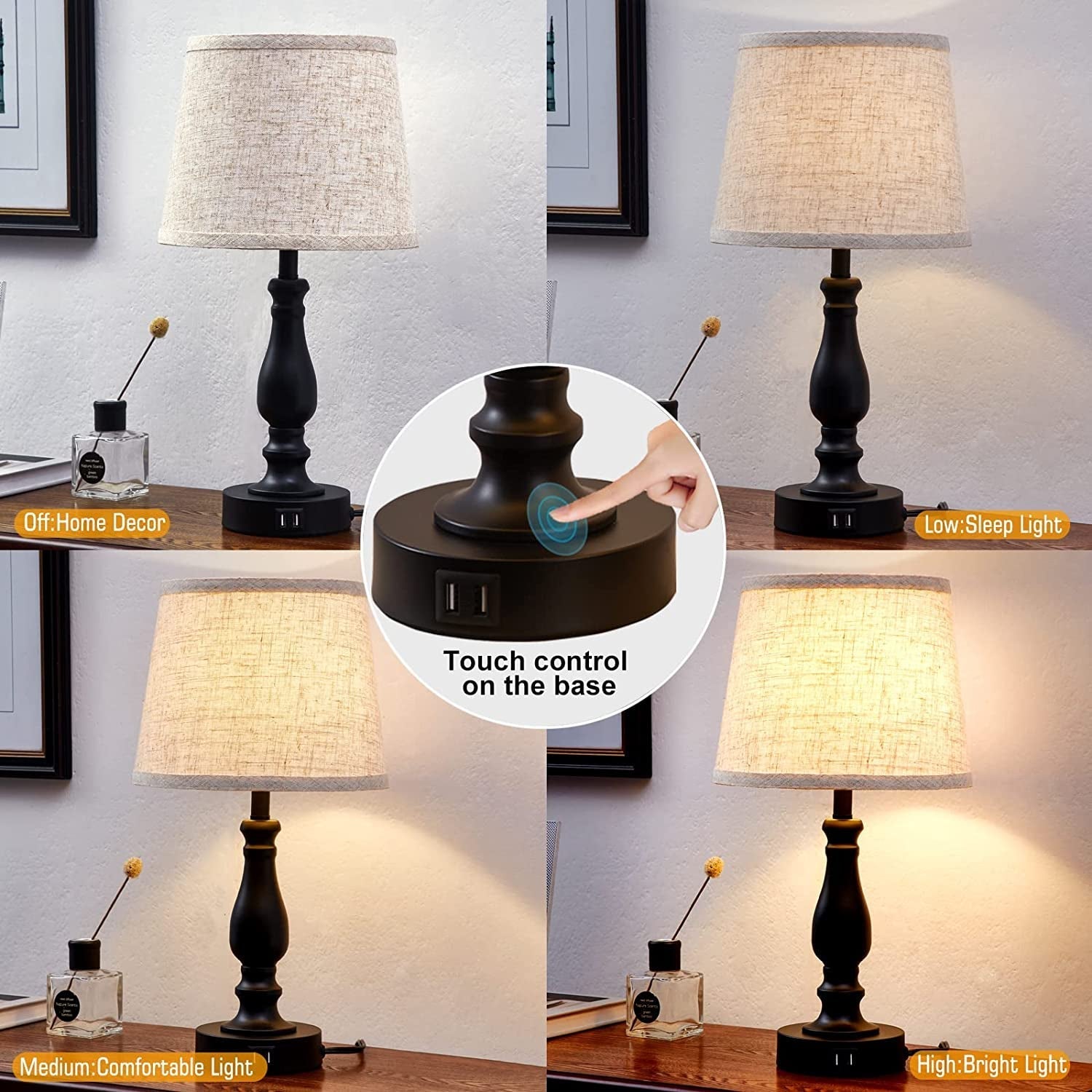 Table Lamps Set of 2 With USB Charging Ports Bedside Modern