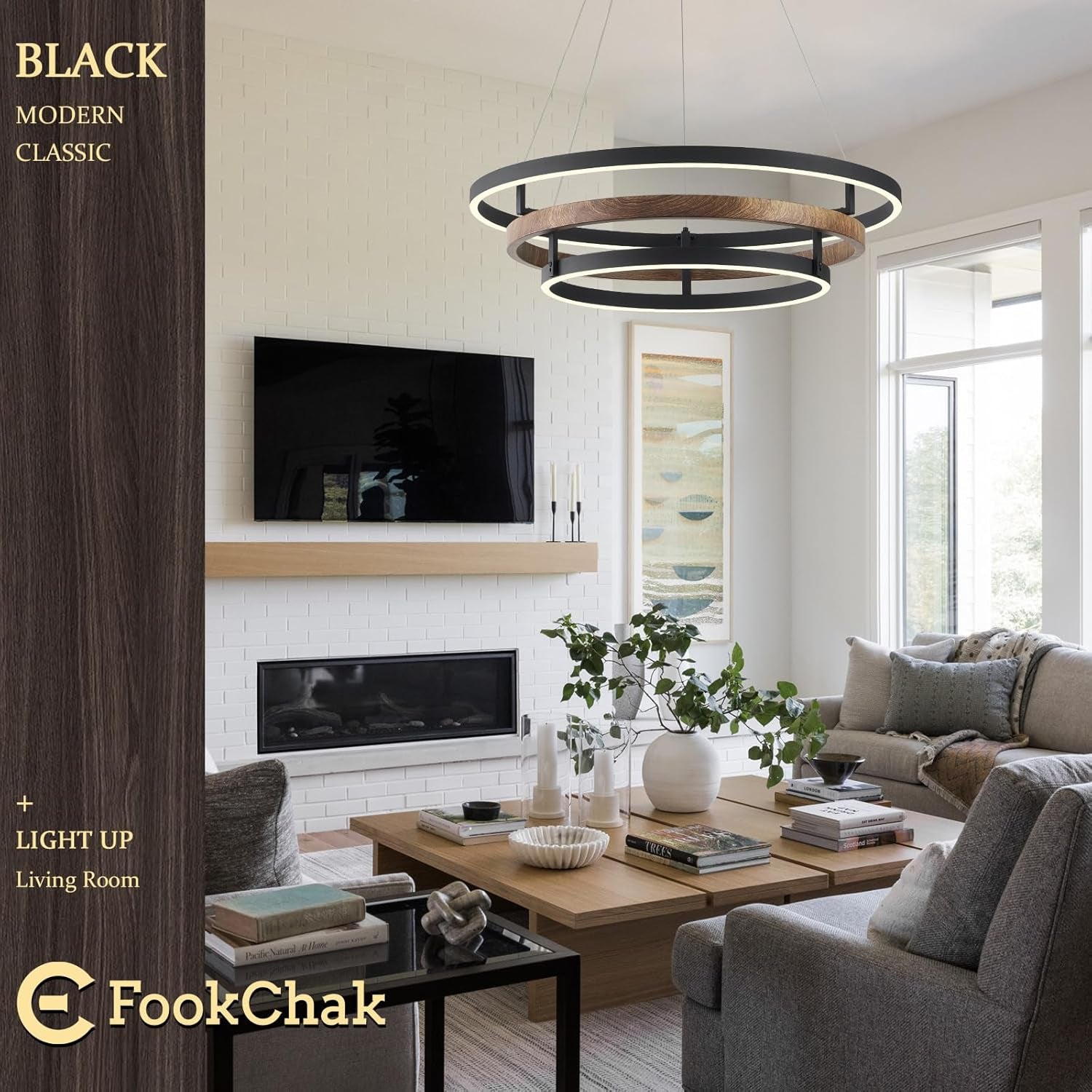 Ultra LED Chandelier Black Wood Three Ring Dimmable-4
