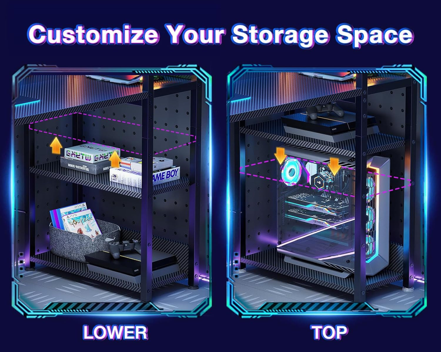 55 Inch Reversible Gaming Desk USB Charging LED Lights